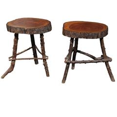 Pair of French Rustic Twig Stools with Round Wooden Top, Mid-20th Century