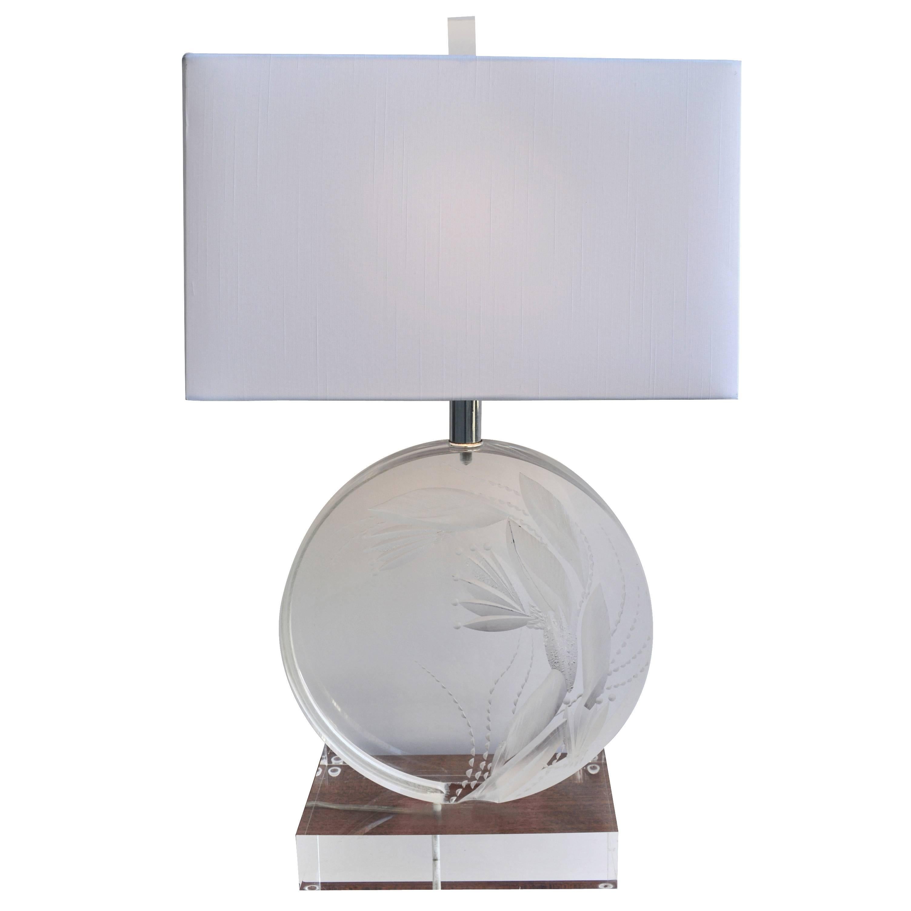 Modernist and Rare Etched Lucite Lamp by Marlee For Sale