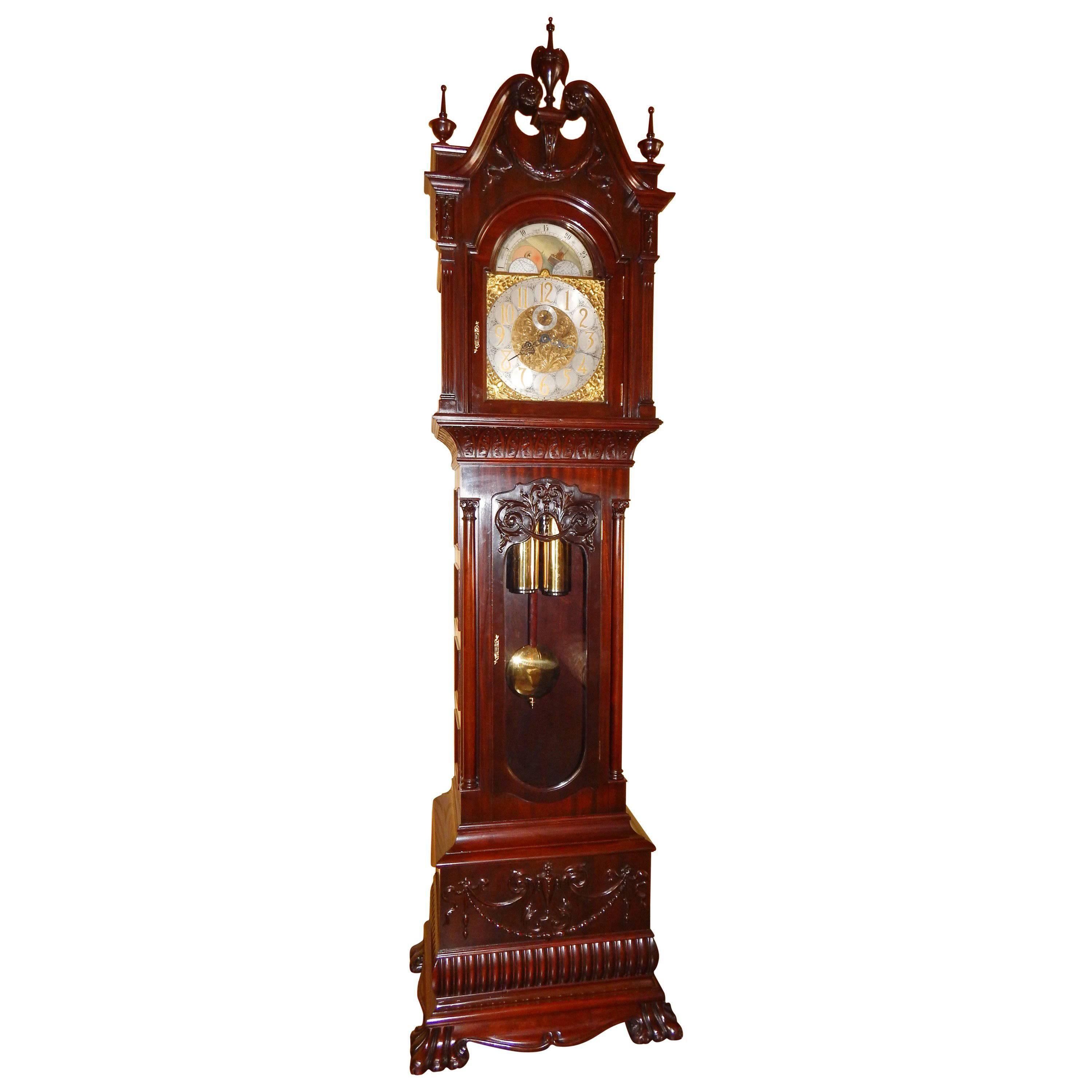 Monumental and Rare Carved Mahogany Grandfather Clock by R. Korfhage For Sale