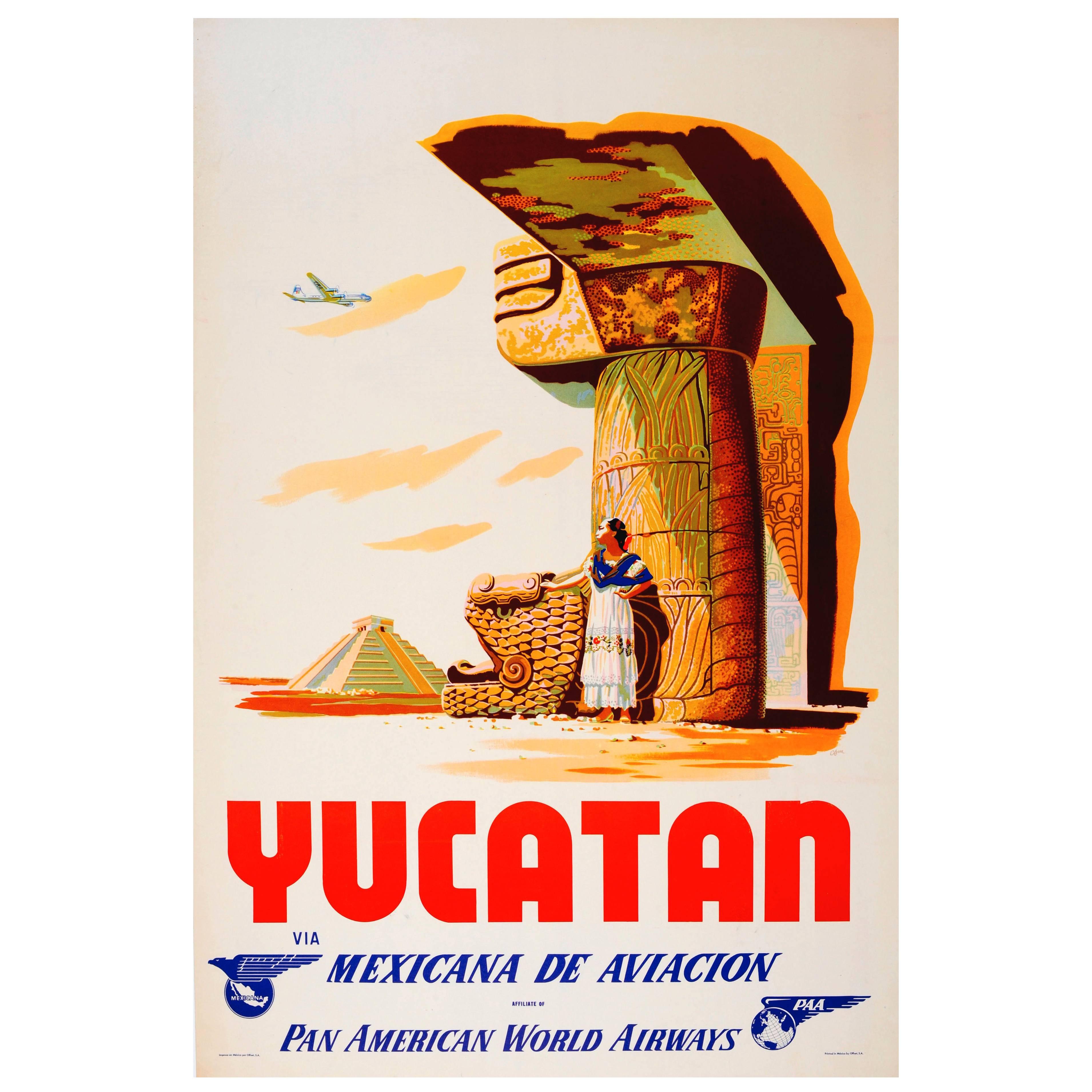 Original Vintage Travel Poster for Yucatan Via Mexicana De Aviacion, Pan Am