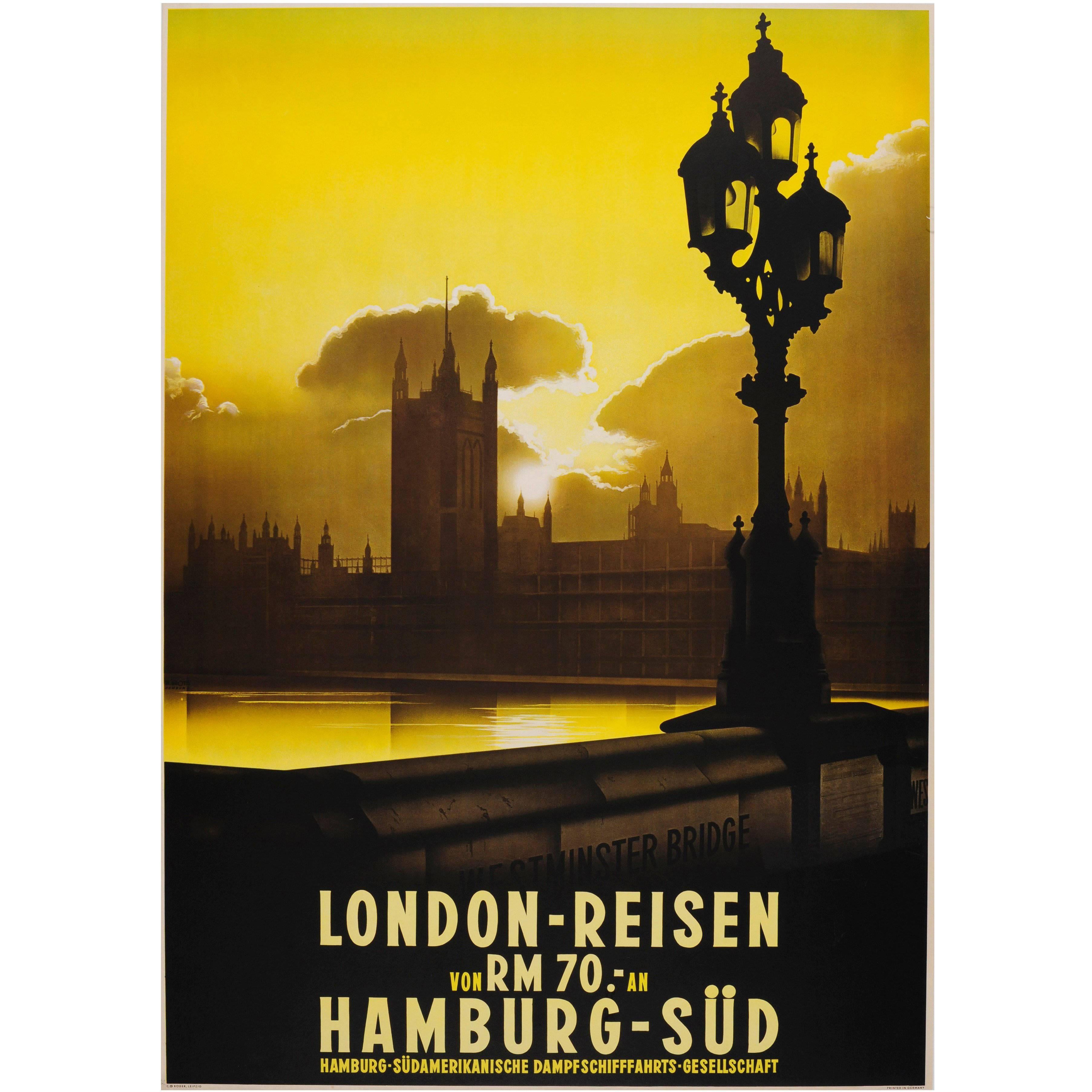 Affiche originale rare de voyage de bateau de croisière - Vue au-dessus du pont de Westminster à Londres