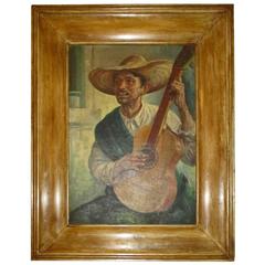Large 1930s Mexican Oil Painting, "Guitarista"