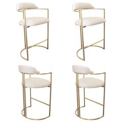 Brass Bar Stools Upholstered in White Leather