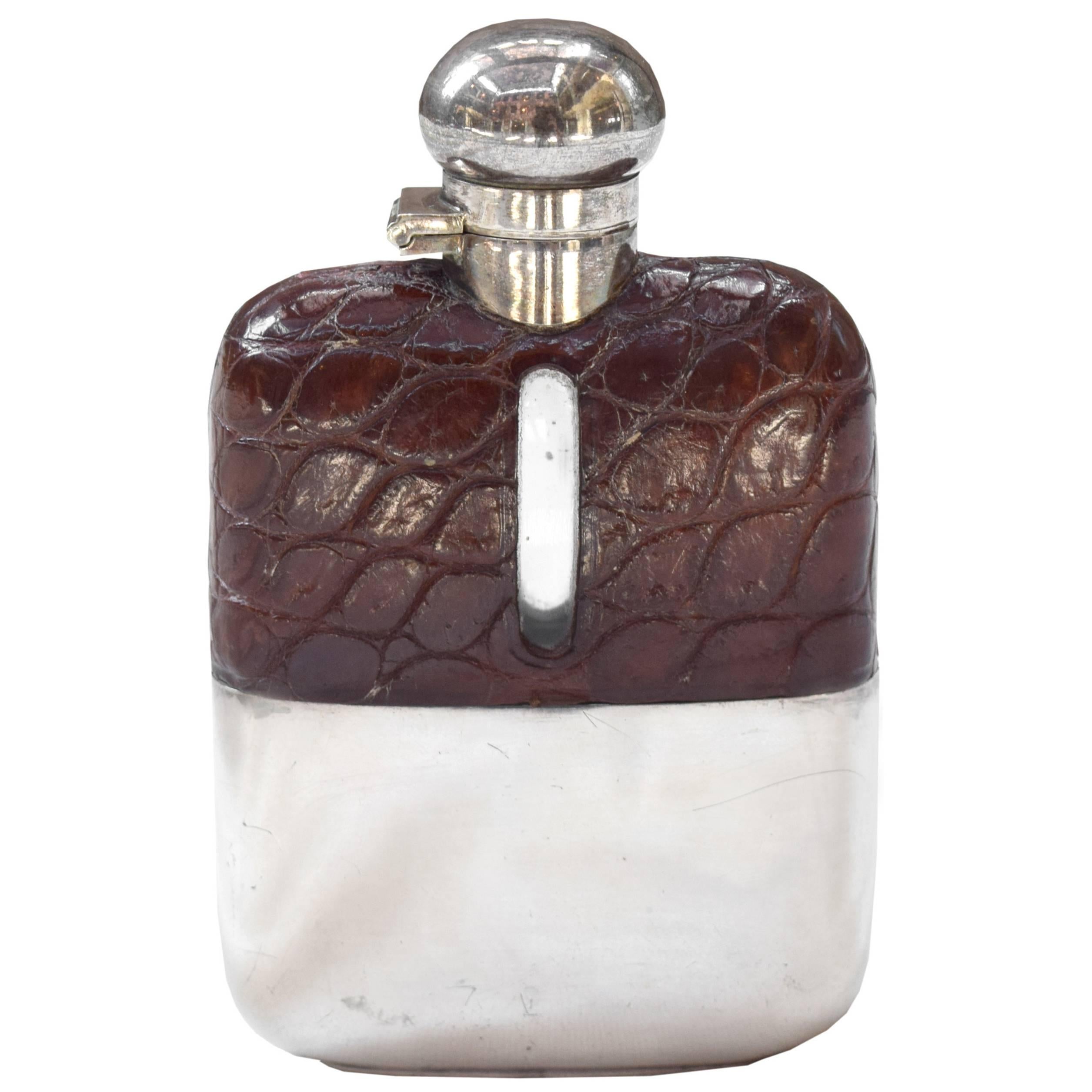 Stamped Leather and Silver Hip Flask