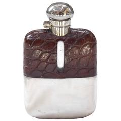 Antique Stamped Leather and Silver Hip Flask