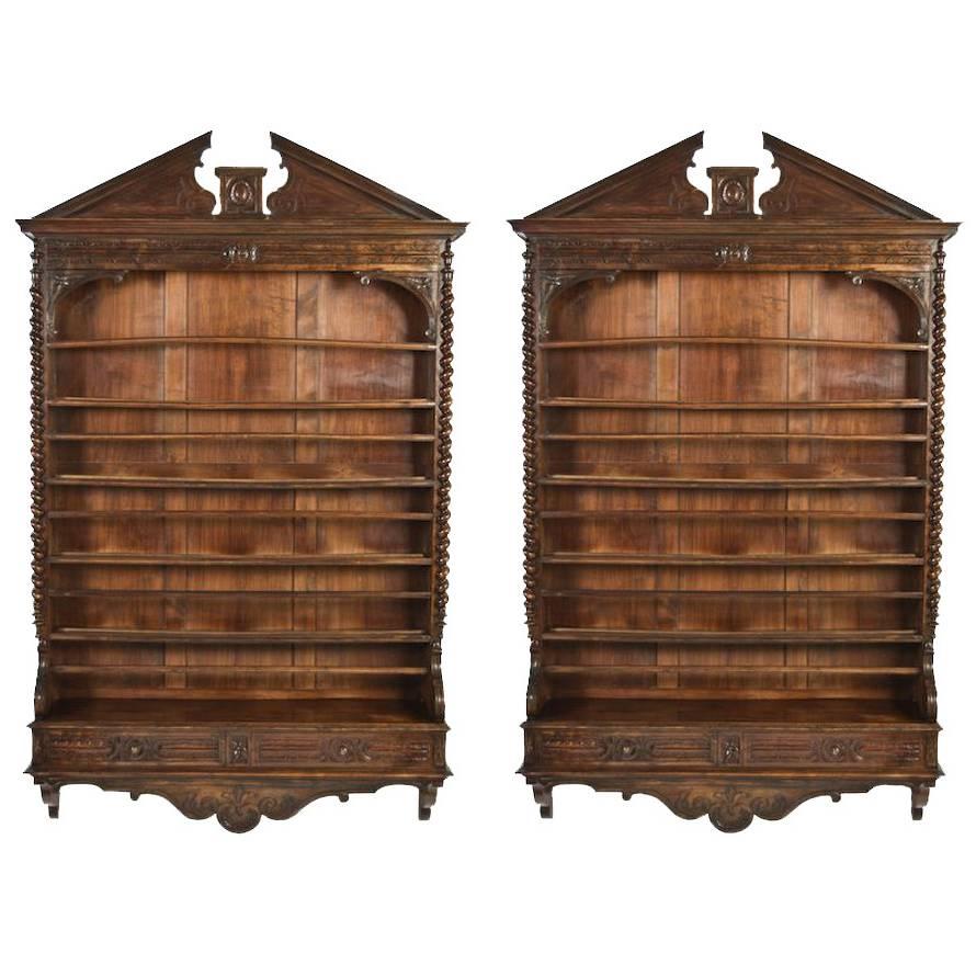 Pair of Large 19th Century Carved Walnut Hanging Shelves with Drawers