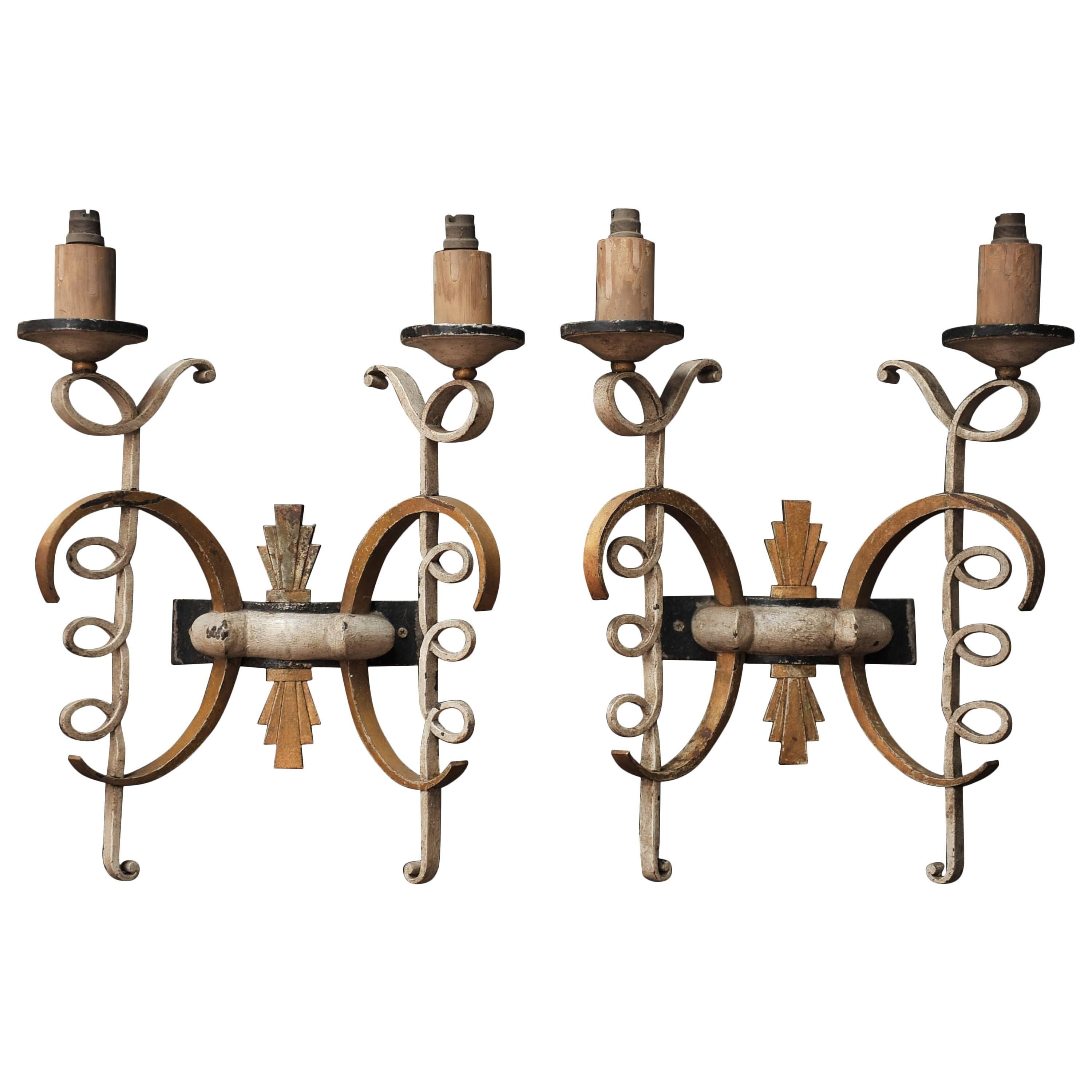 Pair of French Large Wrought Iron Wall Sconces, 1940s