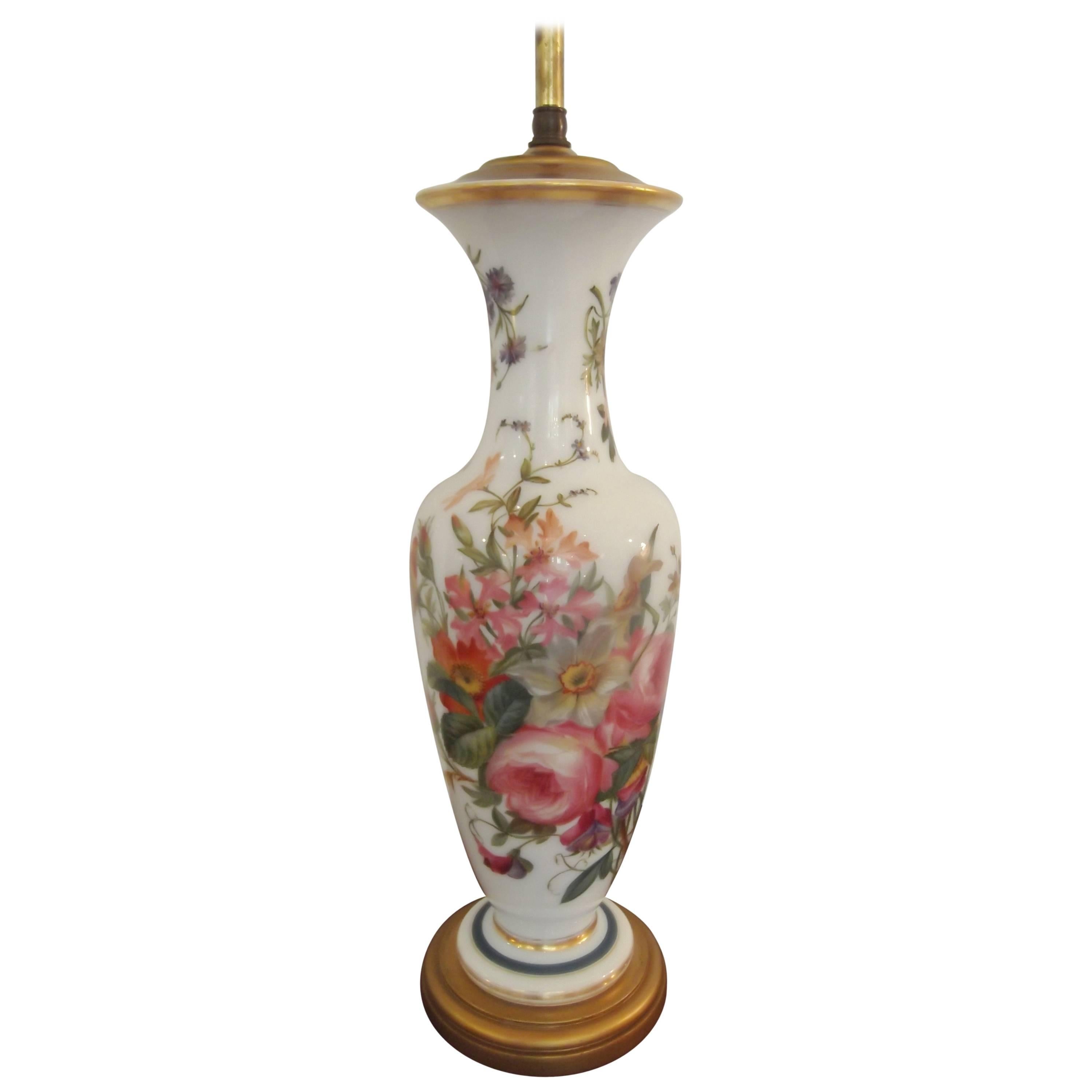 French Opaline Enamel Painted Vase Lamp by Jean-Francois Robert, Baccarat 1840