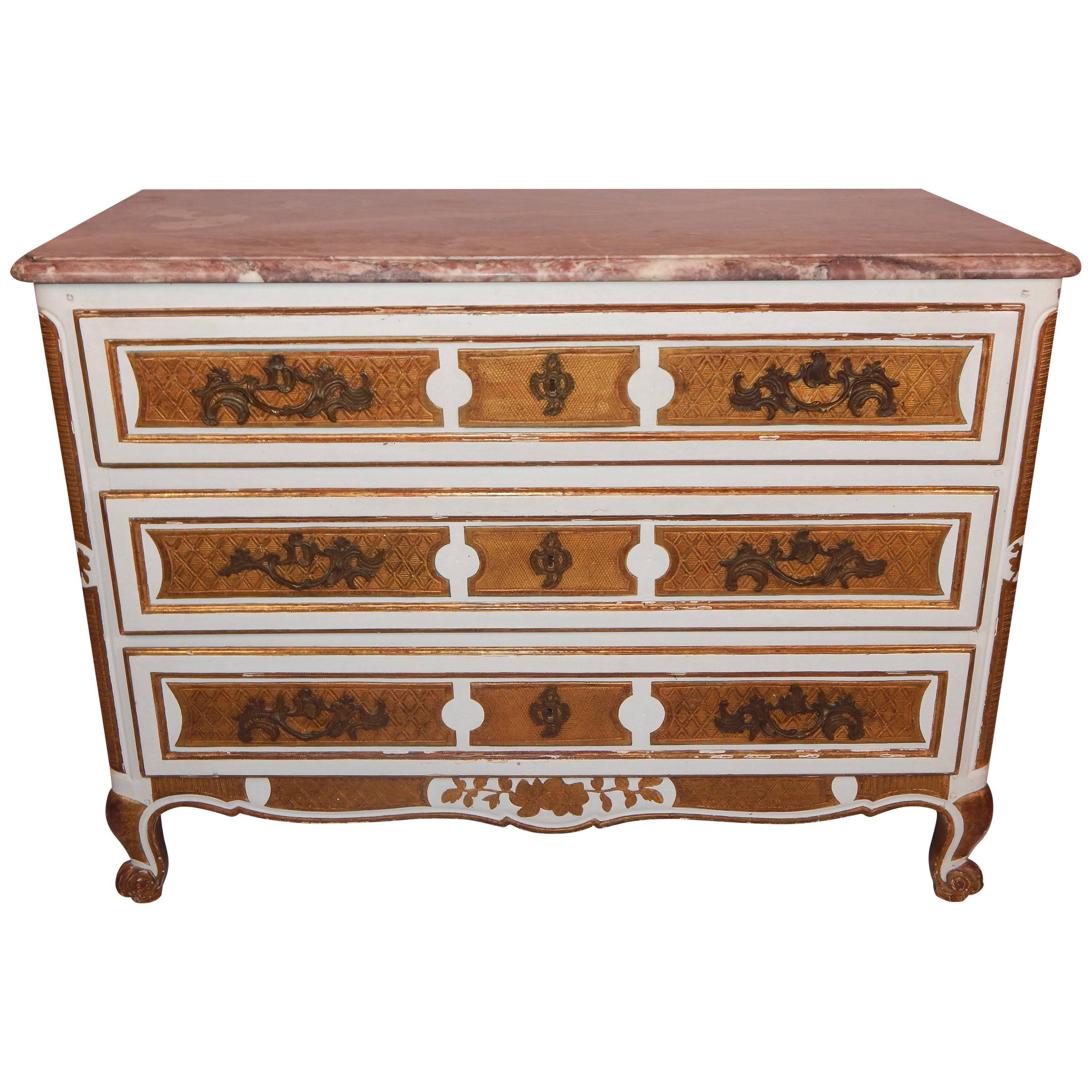 Louis XV Style Painted and Gilt Decorated Marble-Top, Three-Drawer Commode For Sale