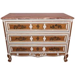 Louis XV Style Painted and Gilt Decorated Marble-Top, Three-Drawer Commode
