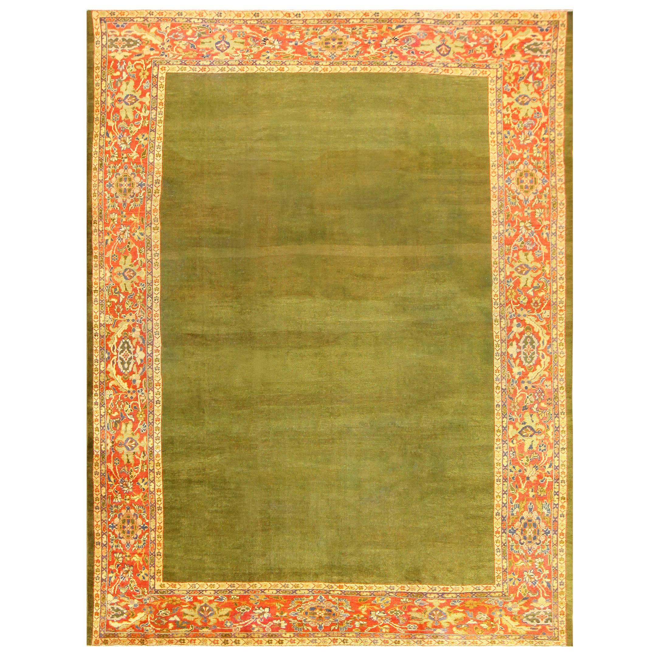 Antique Green Background Persian Sultanabad Rug. Size: 11 ft 6 in x 15 ft 6 in