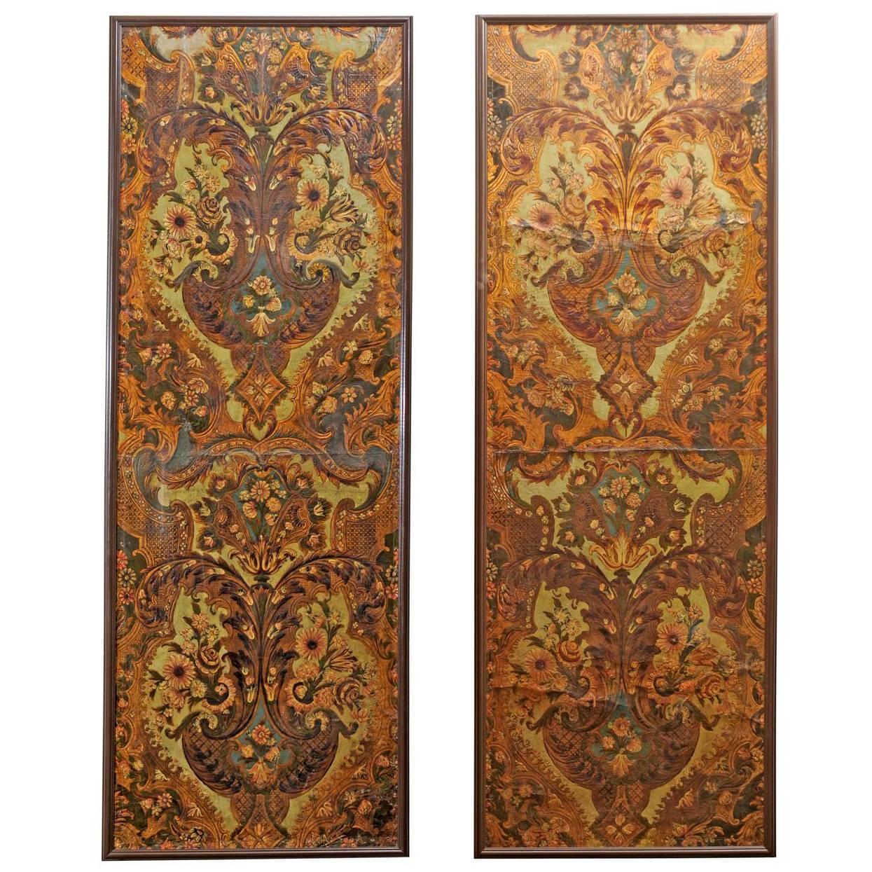 Pair of Embossed Leather Panels with Flowers and Wood Frames For Sale