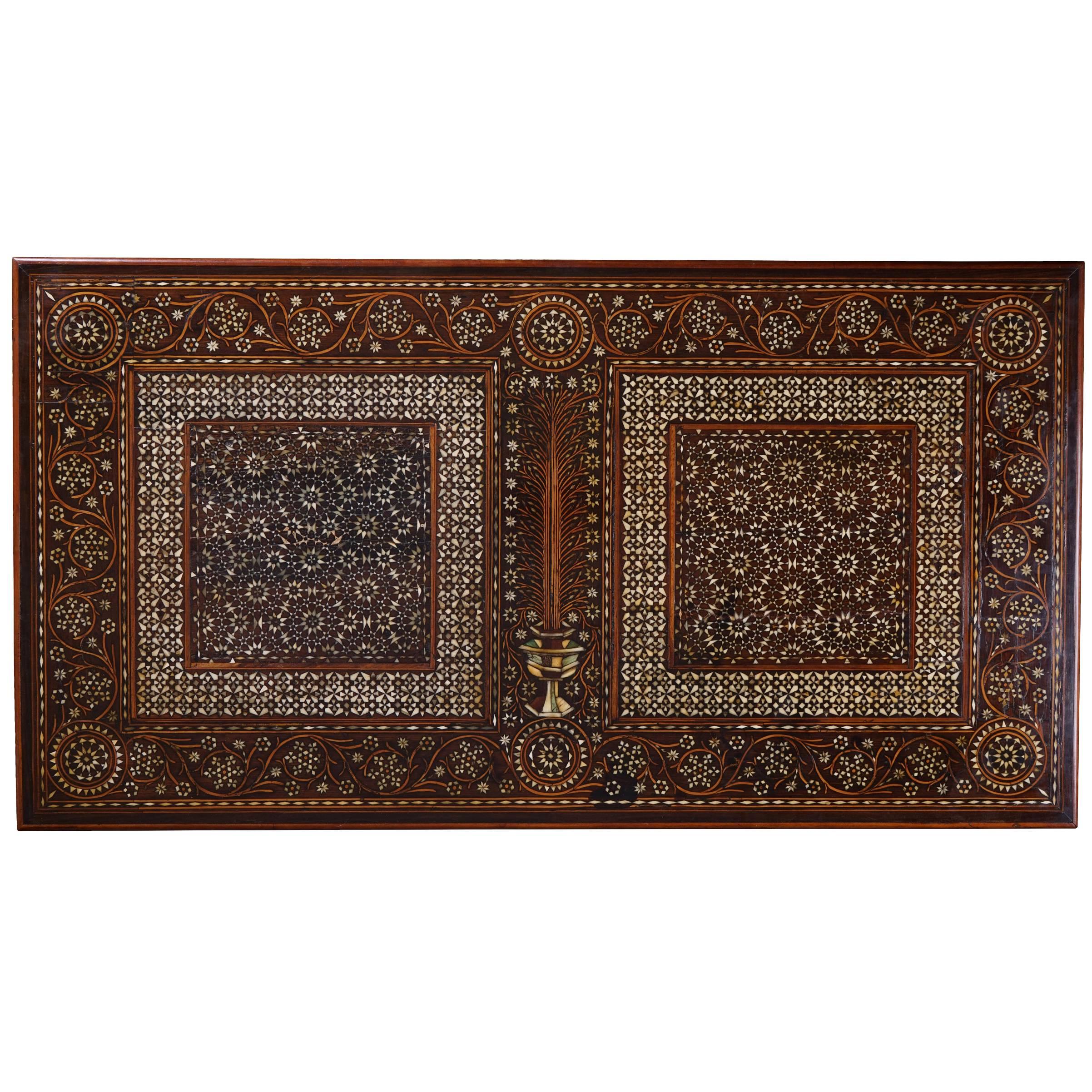 Collection label to the underside for M. G. Pallain

With a single drawer to the frieze and gilt metal stays, this beautiful table has been constructed in the 19th century cleverly utilising all the marquetry from a certosina coffer circa 1500.  