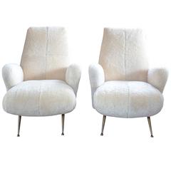 Pair of Mid-Century Italian Armchairs in Shearling in the Style of Frattini