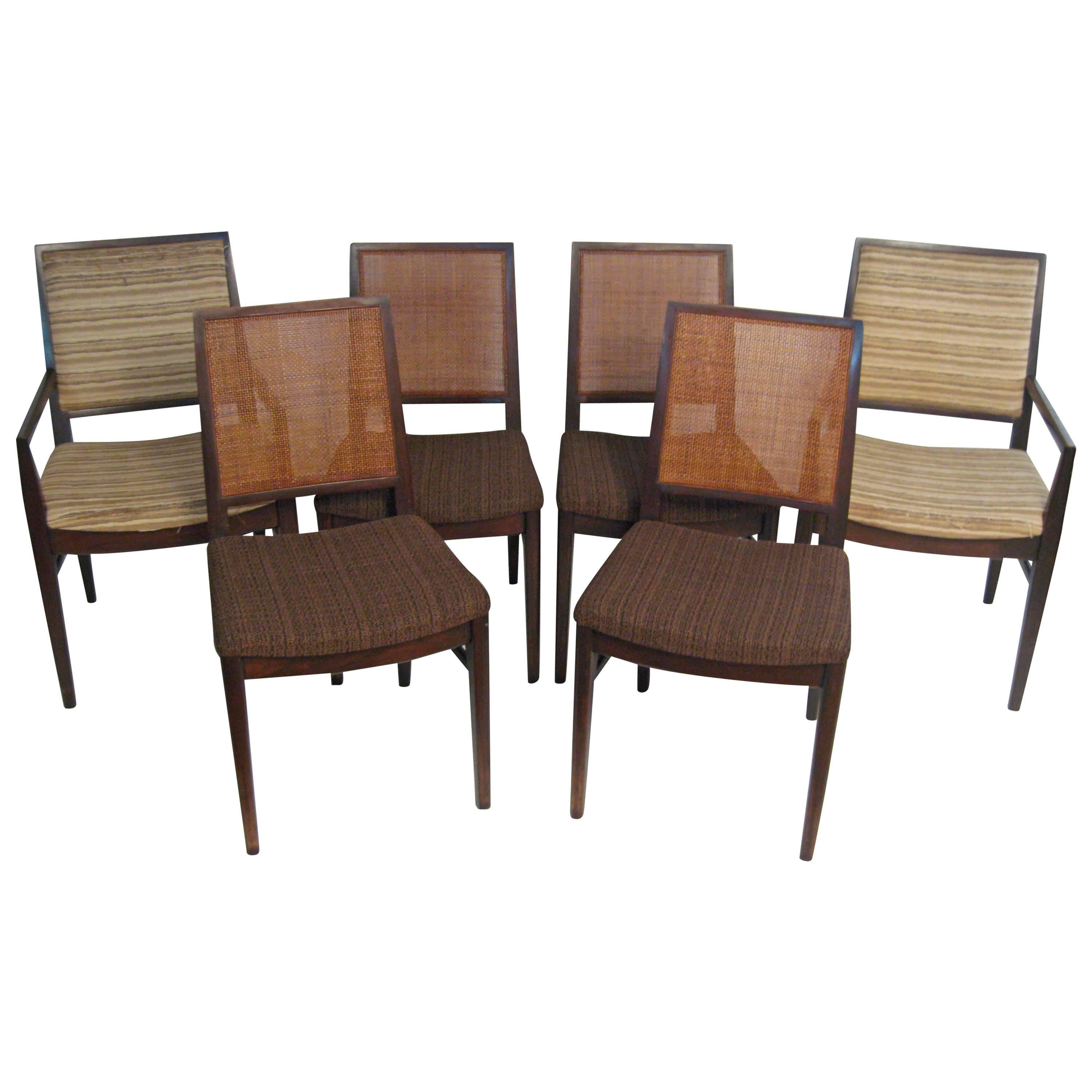 Six John Stuart Modern Walnut and Caned Dining Chairs