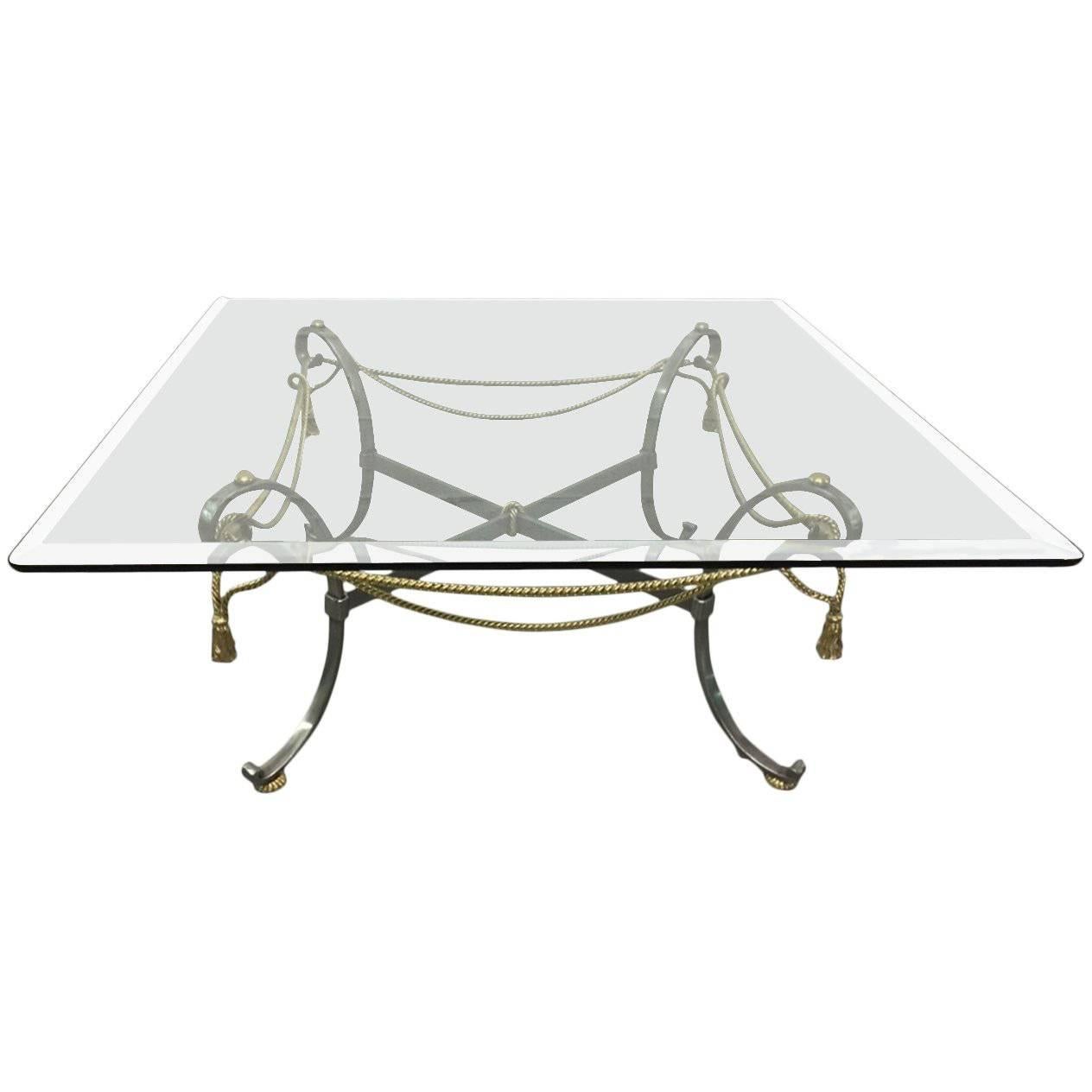 Polished Steel and Brass Coffee Table in the Style of Maison Jansen For Sale