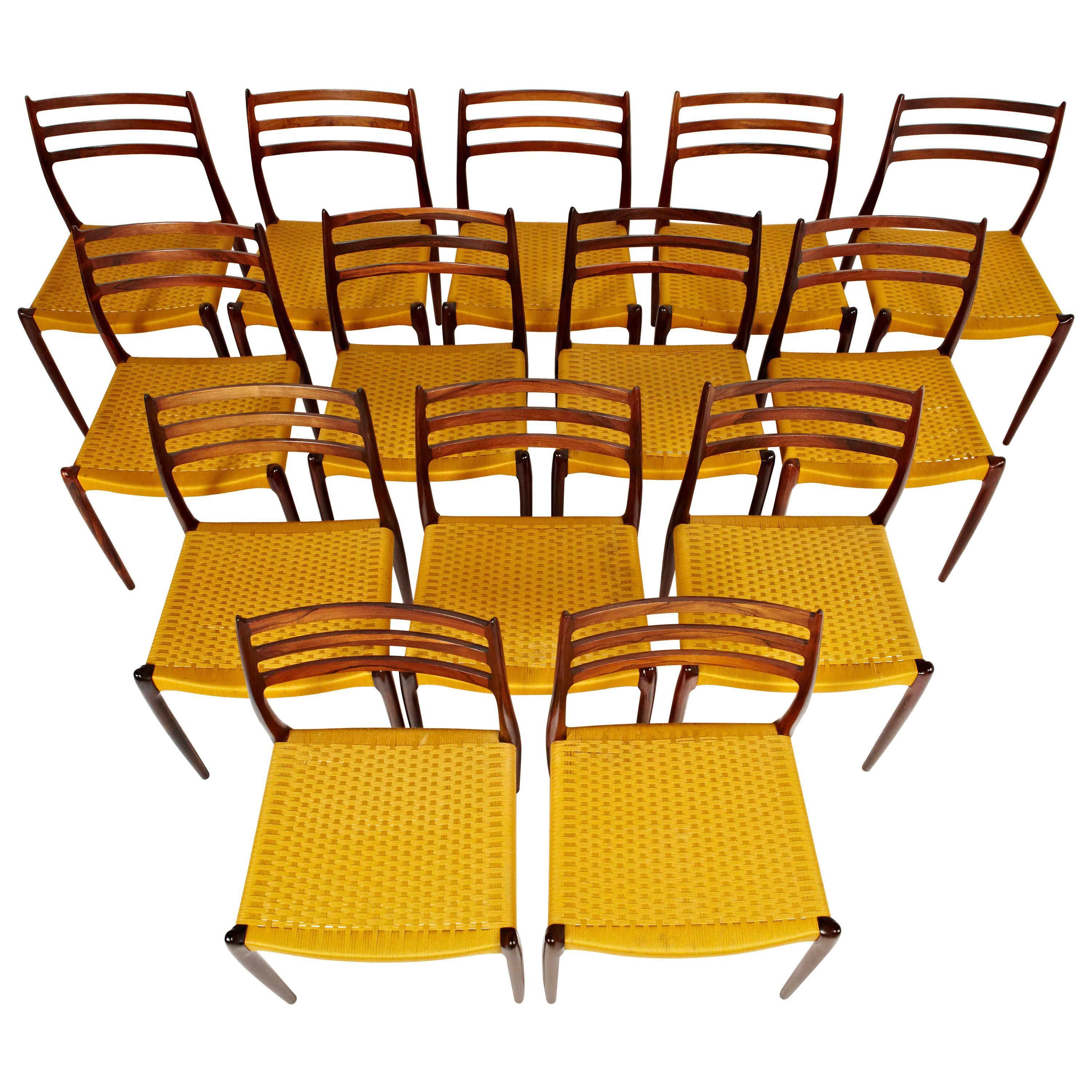 Niels Otto Møller, Group of 16 Rosewood Dining Chairs in Original Yellow Cord For Sale