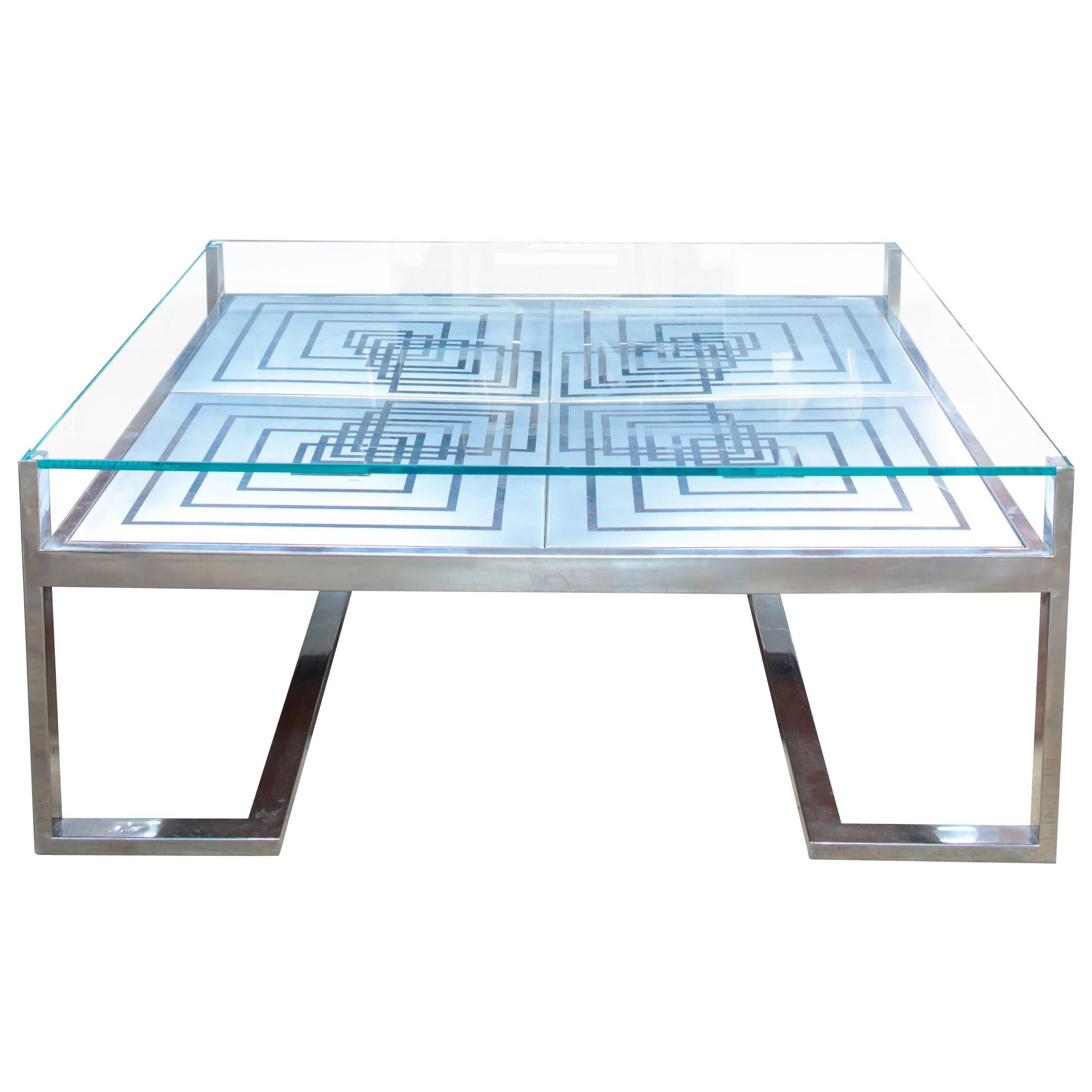 1970s Romeo Rega Coffee Table in Stainless Steel and Glass For Sale