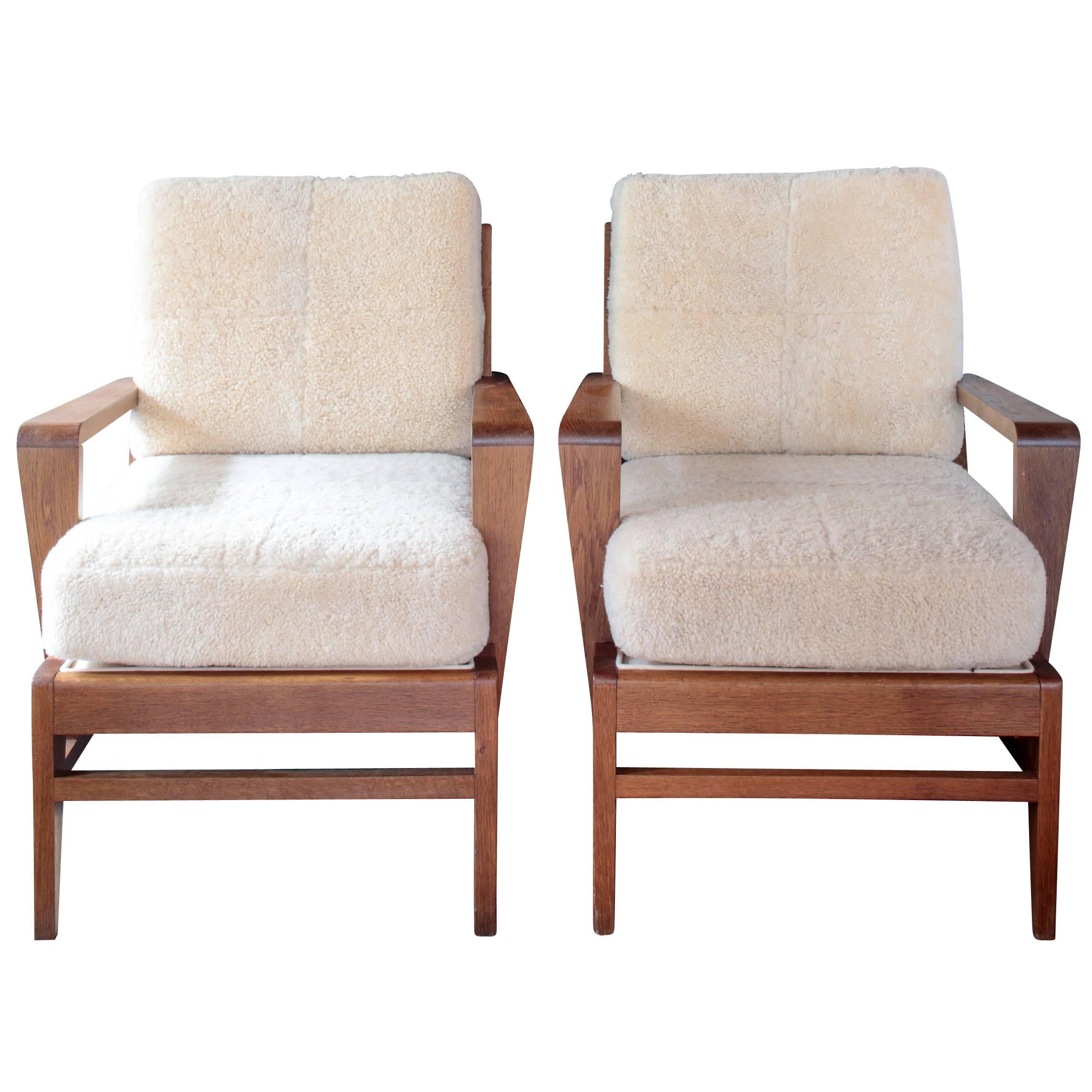 Pair of Midcentury Oak Chairs by Rene Gabriel with Shearling Cushions