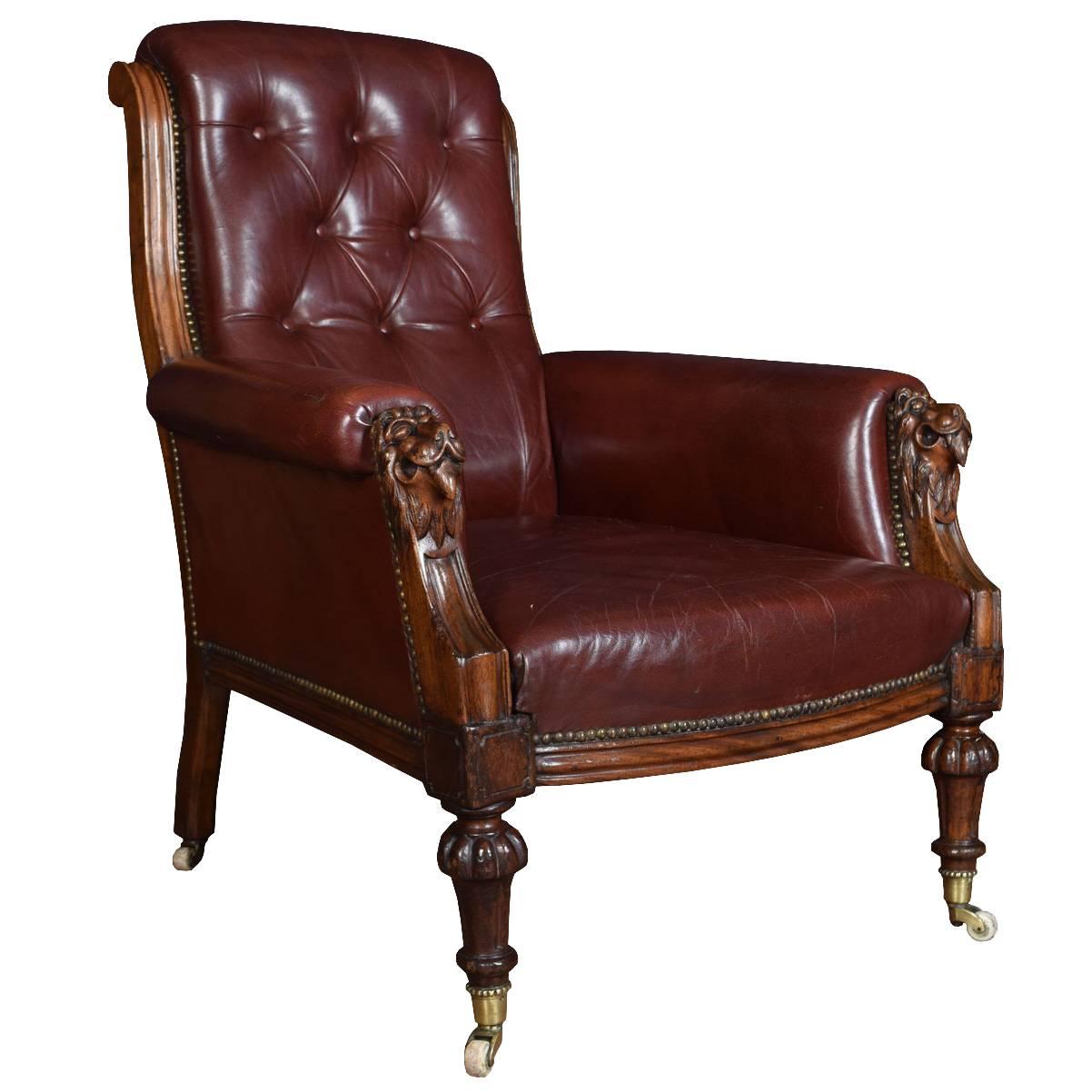 Victorian Burgundy Leather Upholstered Mahogany Framed Armchair
