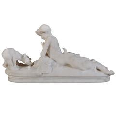 "Pan and Cubs, " Statuary Carrara Marble Statue by Emmanuel Fremiet, 19th Century