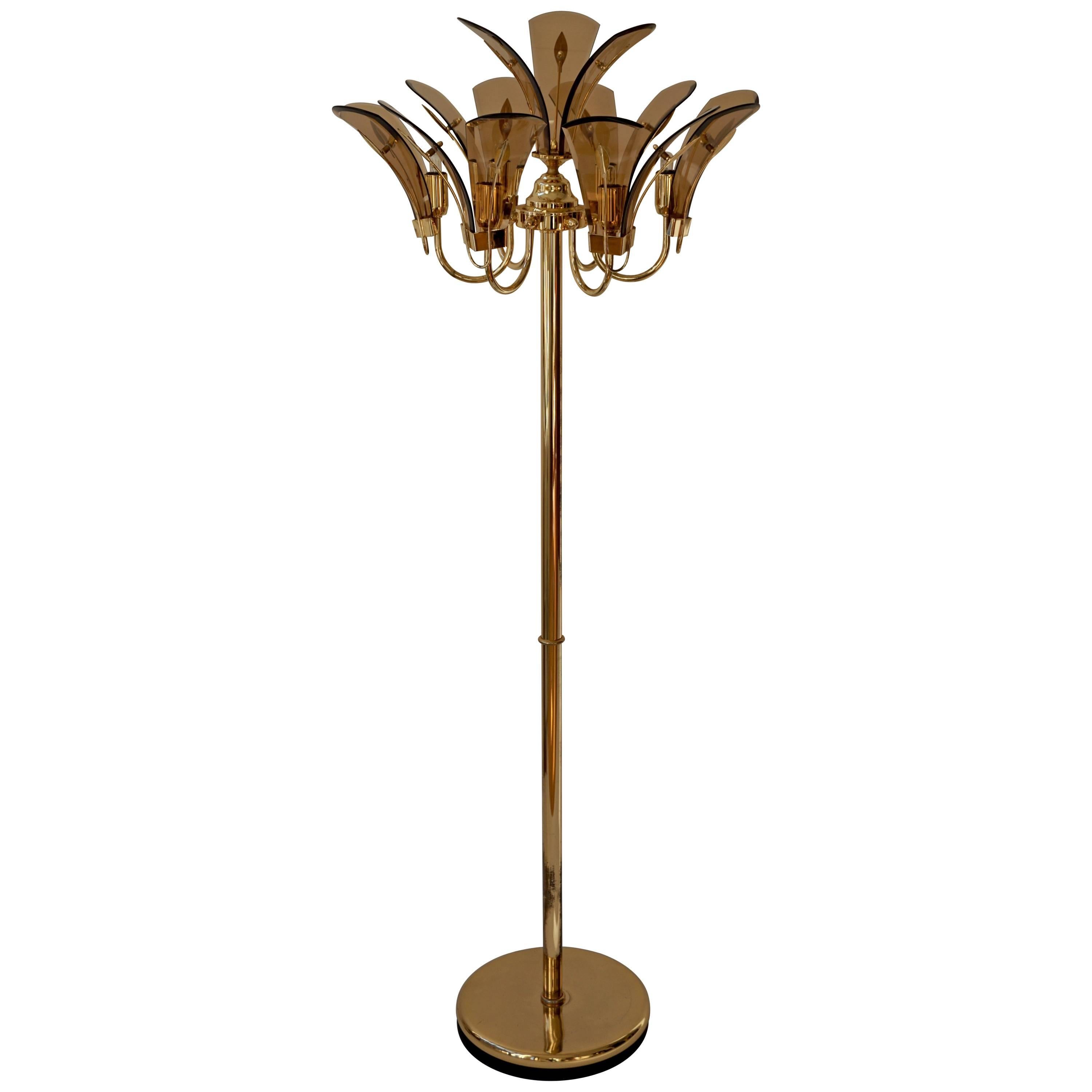 Brass Floor Lamp with Large Murano Leaves