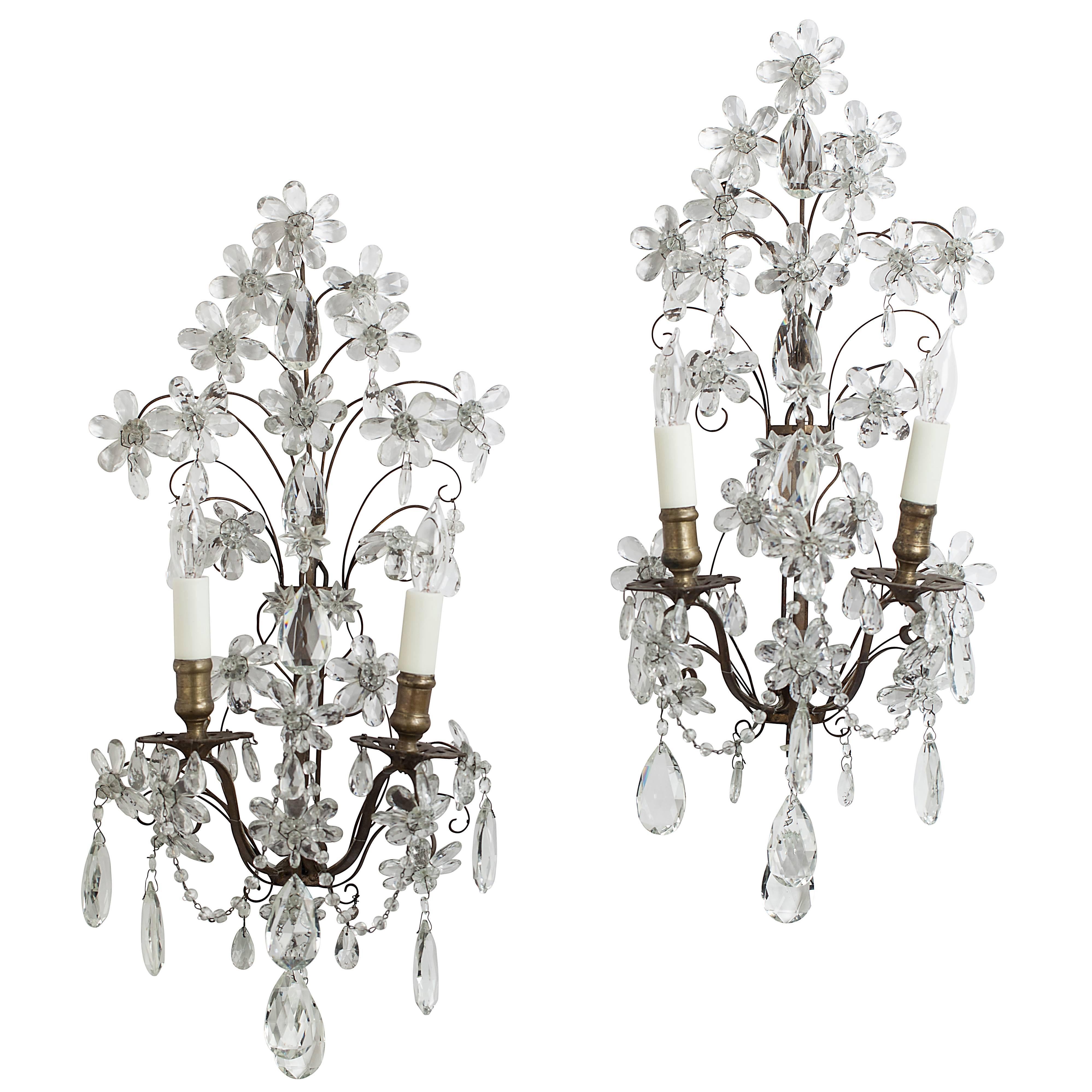 Pair of French Crystal and Brass Sconces, circa 1890