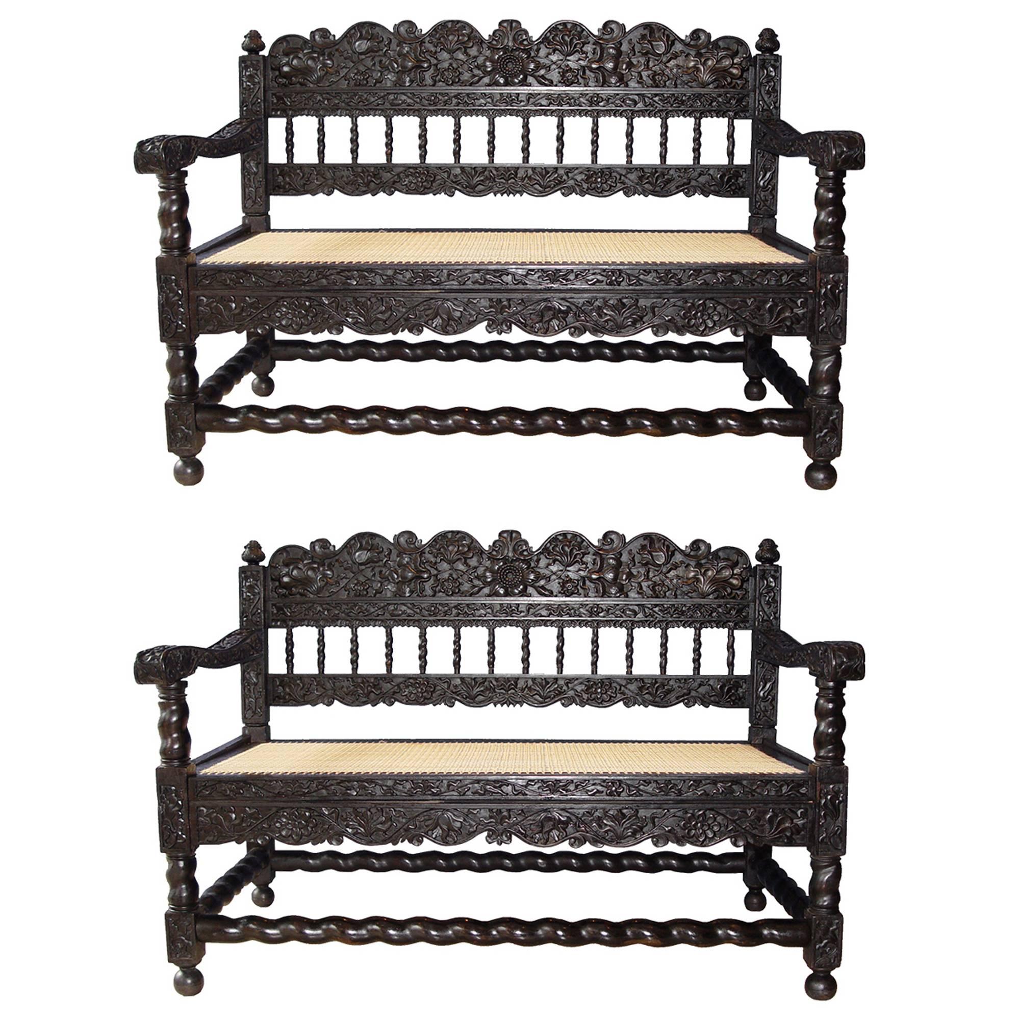 Very Rare Pair of Early 18th Indonesian Ebony Carved Settees For Sale
