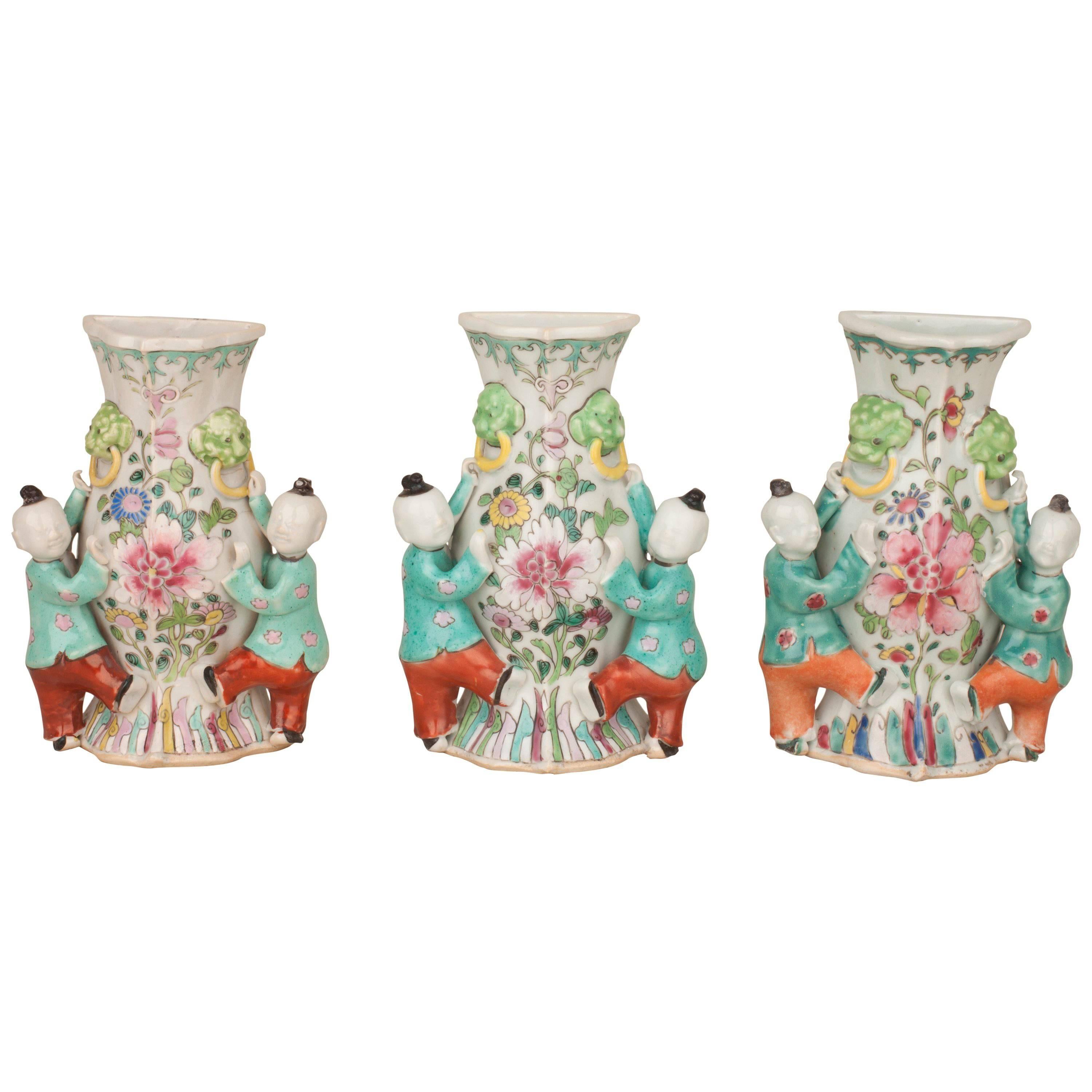 Set of Three Chinese Porcelain Famille Rose Wall Vases, Boys, 18th Century For Sale