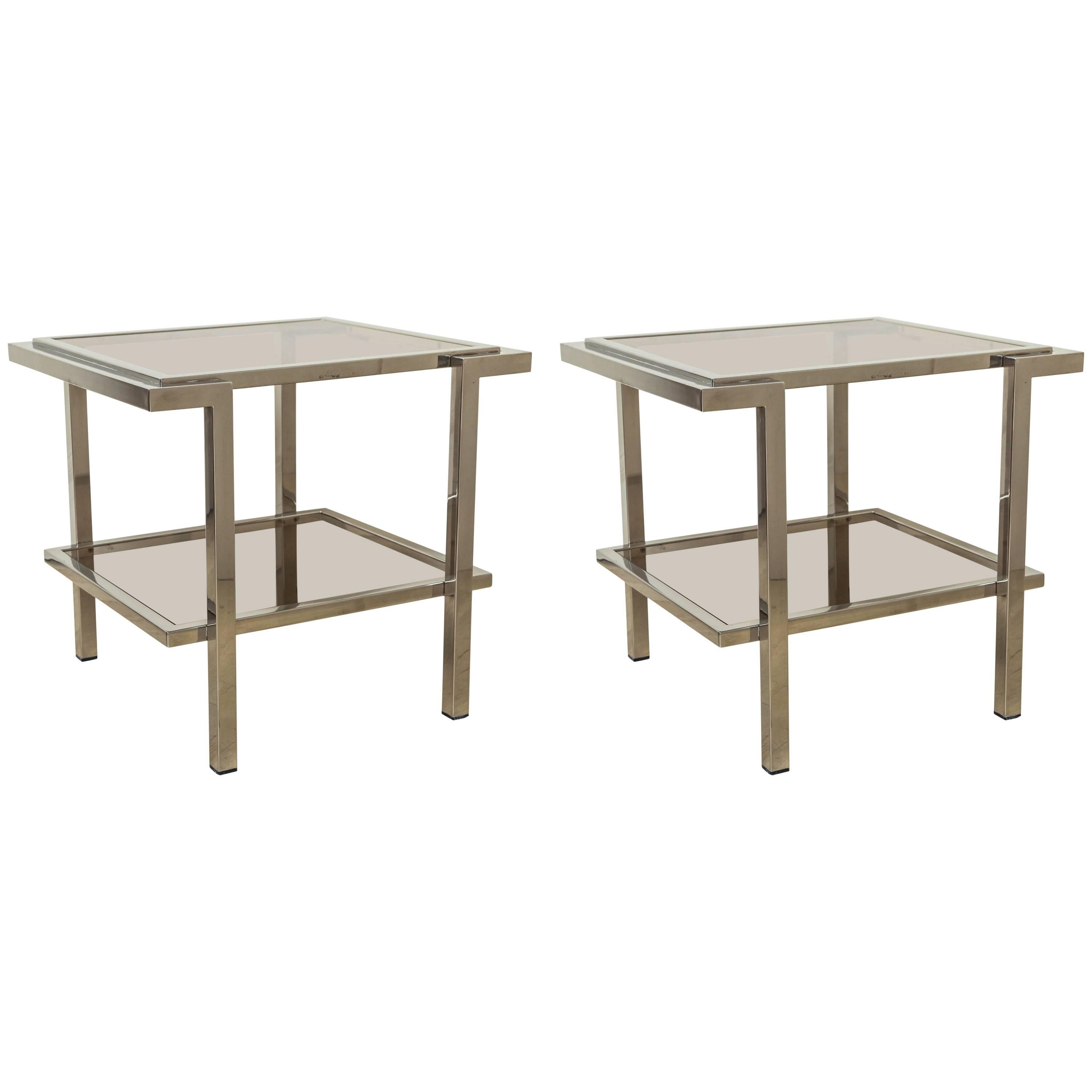 Modern Pair of Chrome and Gray Glass Coffee Tables, France, circa 1970