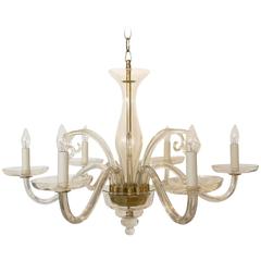 Six-Arm Murano Glass and Brass Chandelier, France, circa 1970s