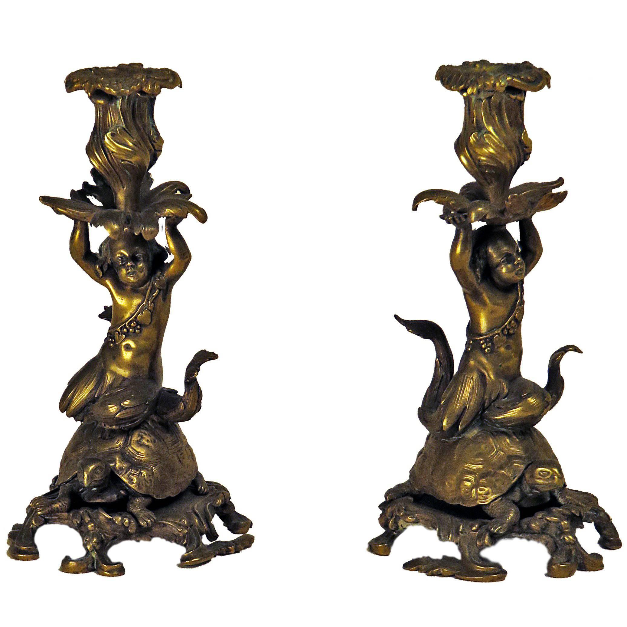 Rare Pair of French Bronze Candlesticks of a Sea Nymph Riding a Turtle, 1840