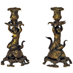 Rare Pair of French Bronze Candlesticks of a Sea Nymph Riding a Turtle, 1840