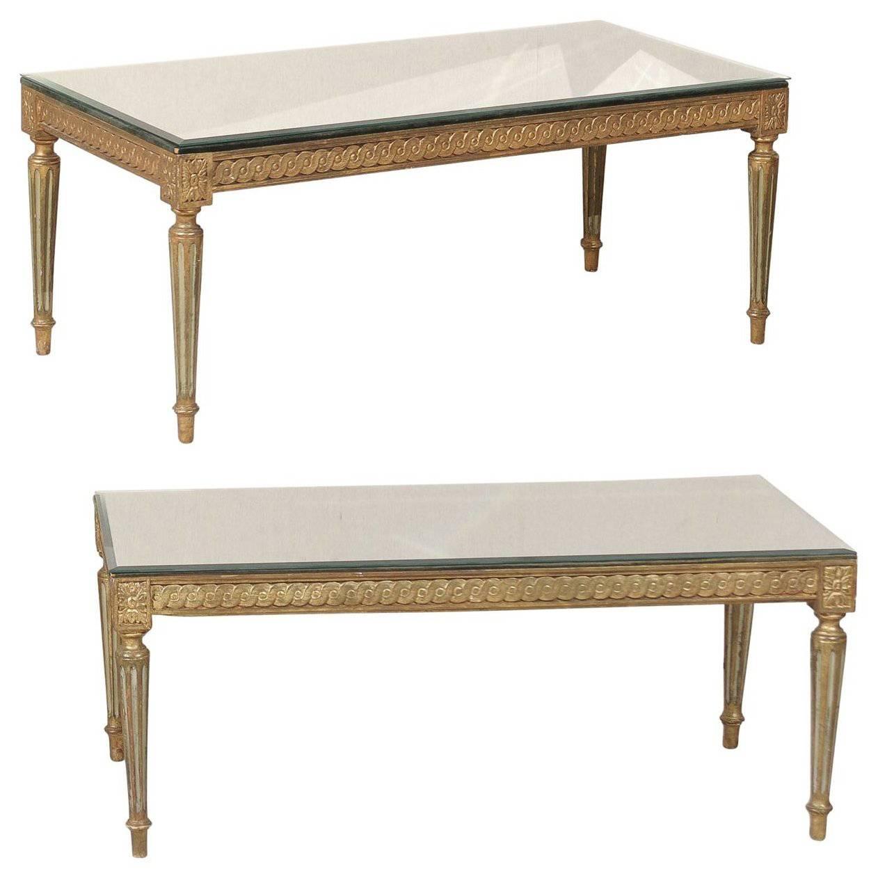French Louis XVI Style Gilded and Painted Coffee Table with Mirrored Top