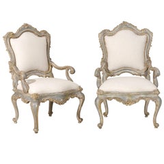 Pair of Painted Italian Arm Chairs with Rich Carving