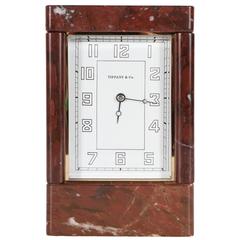 Stunning Art Deco Tiffany & Co. Table Clock in Exotic Rosso Verona Marble 