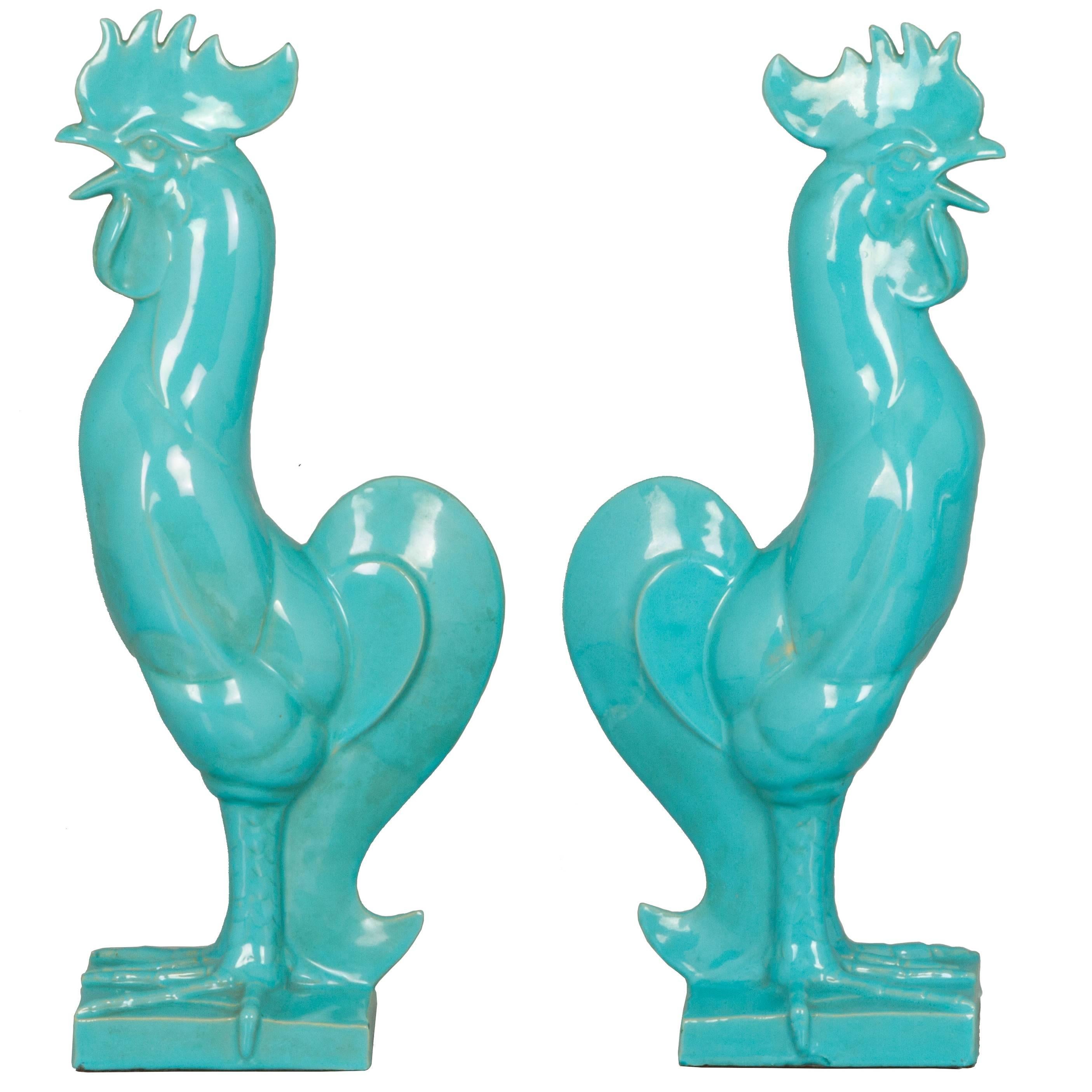 Pair of Large Italian Ceramic Cocks For Sale