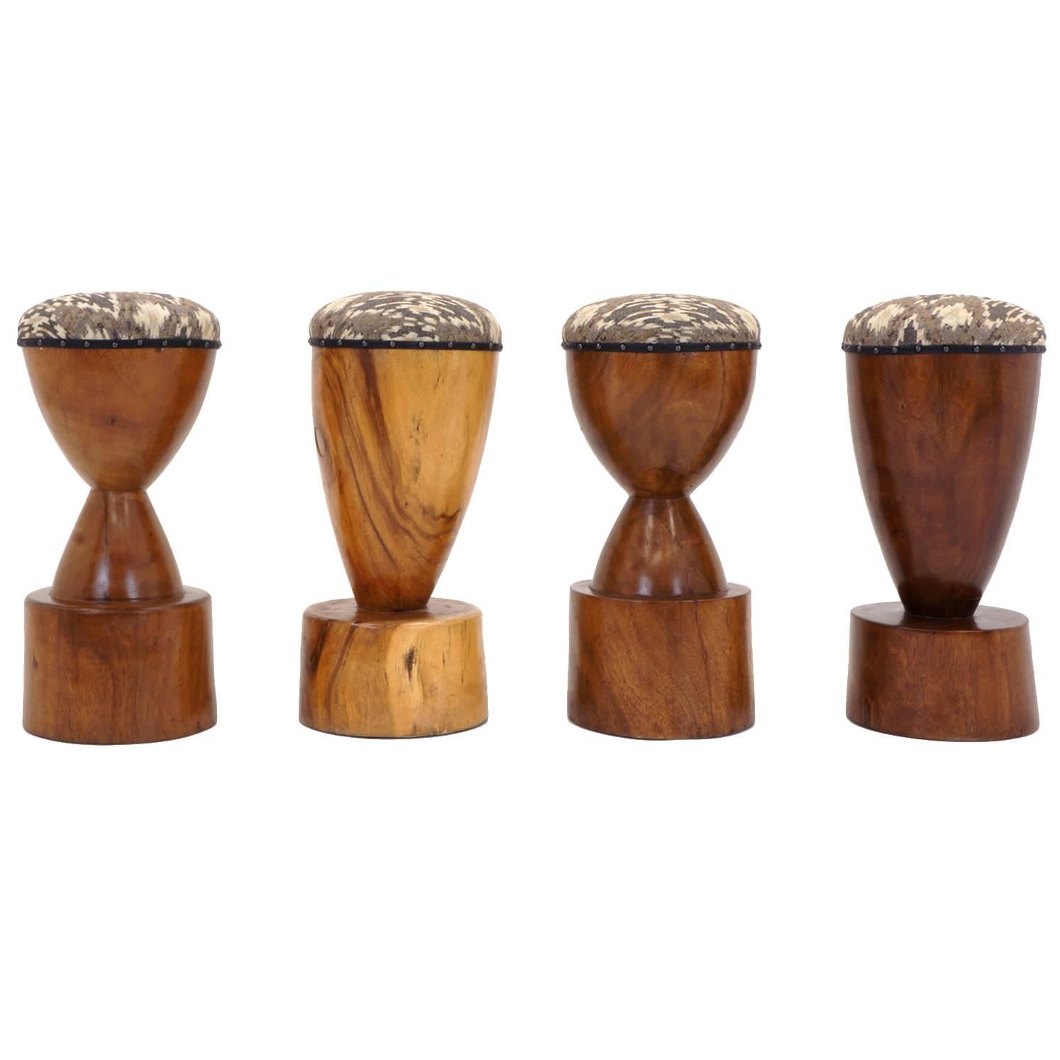 Set of Four 1960s Barstools of Solid Walnut and Exotic Woods