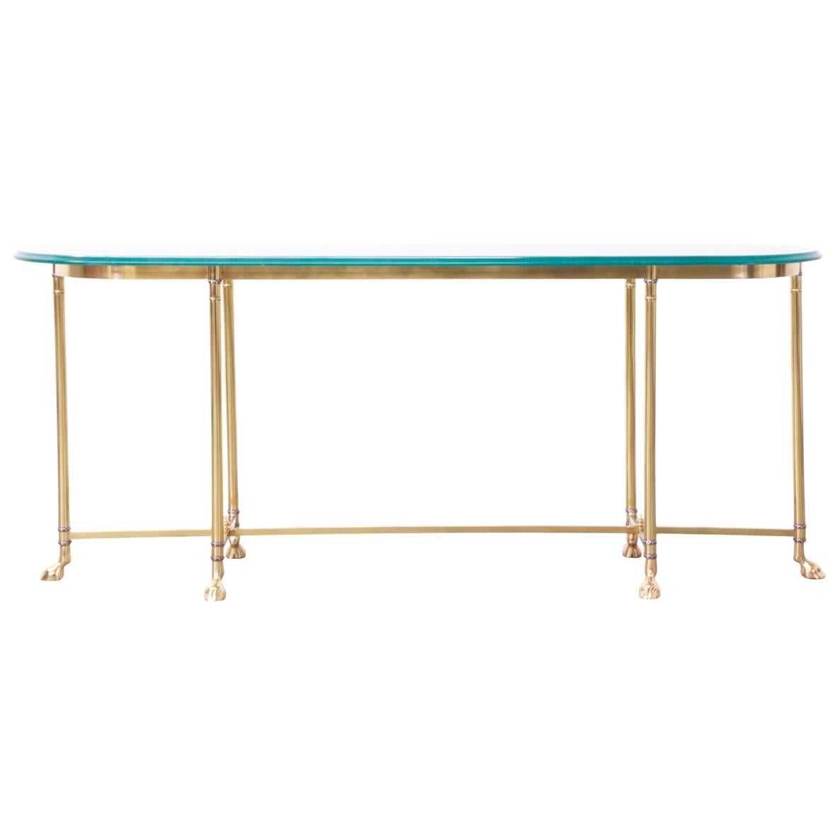 Vintage Brass Hoof Foot Console Table with Glass Top