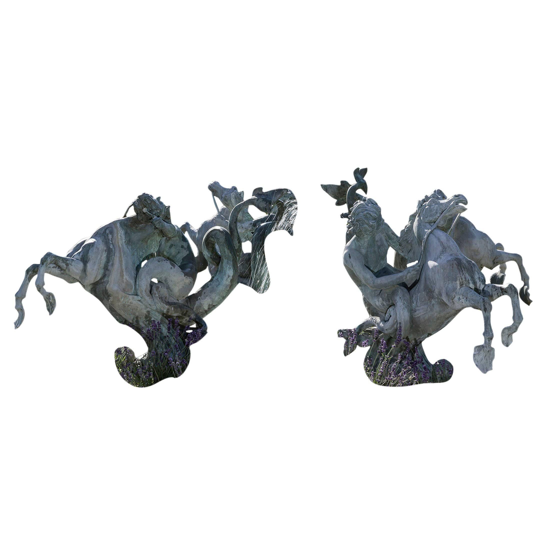 A very rare group of four bronze figures. The horses have a kind of a tail and also all the figures on the horses.
They are in a wonderful quality and original.
This historical palace or castle fountain has an exceptional expression.
In the centre