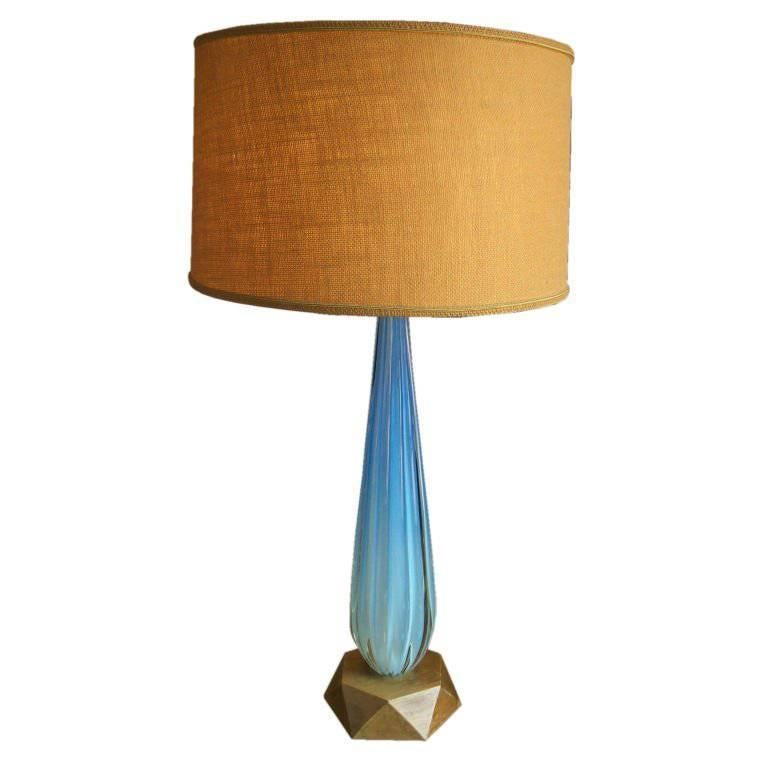 Lampe Seguso en verre de Murano cannelé bleu turquoise 