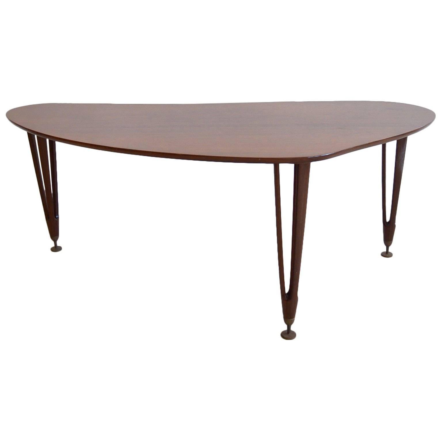 Walnut and Brass Boomerang Coffee Table by BC Mobler