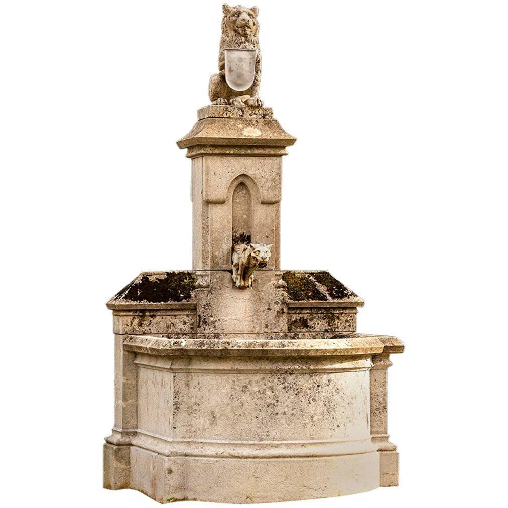 Castle Fountain, 19th Century, with Lion on the Top, Limestone For Sale