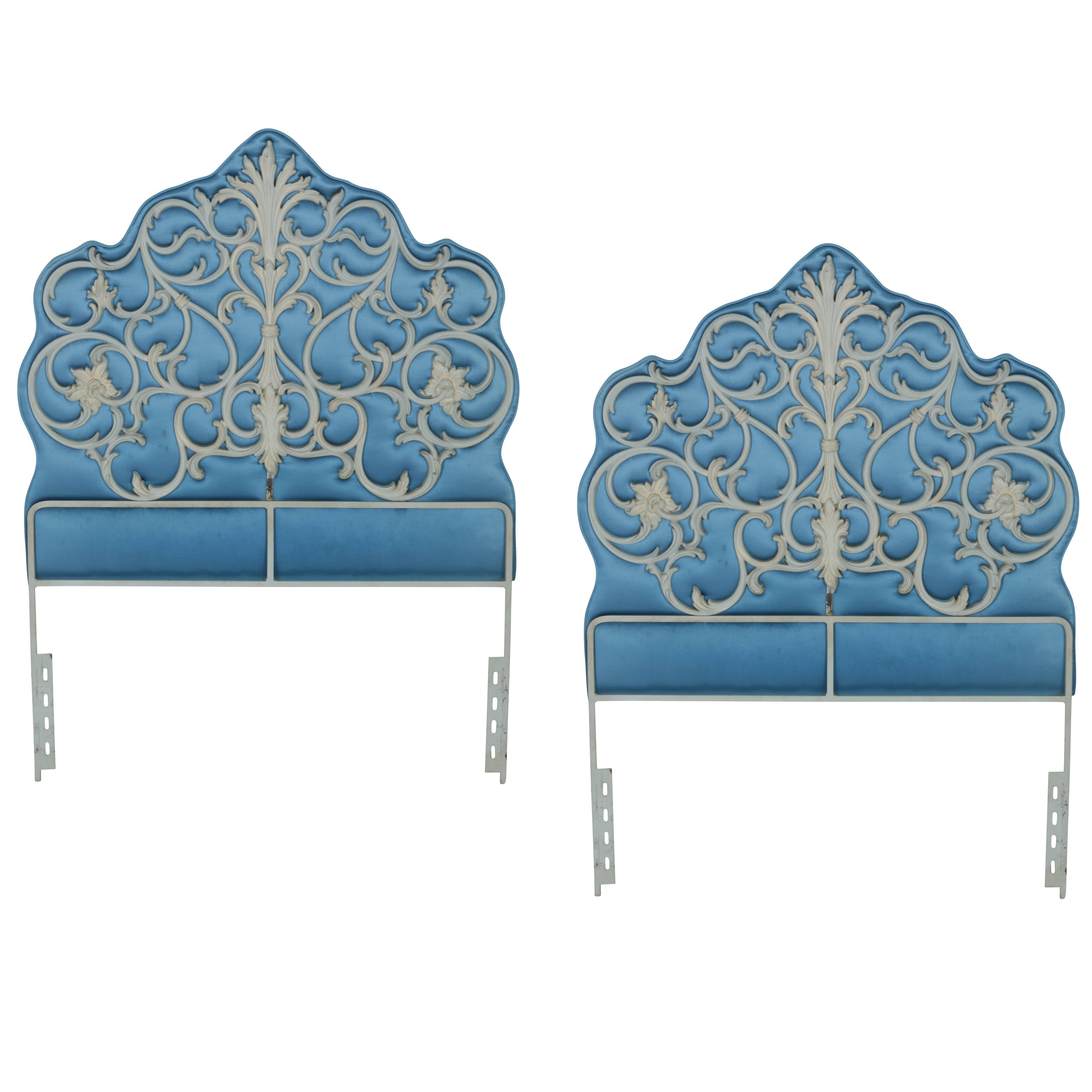 Pair of French Regency-Style Padded Silk and Iron Headboards