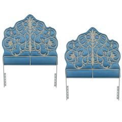 Vintage Pair of French Regency-Style Padded Silk and Iron Headboards