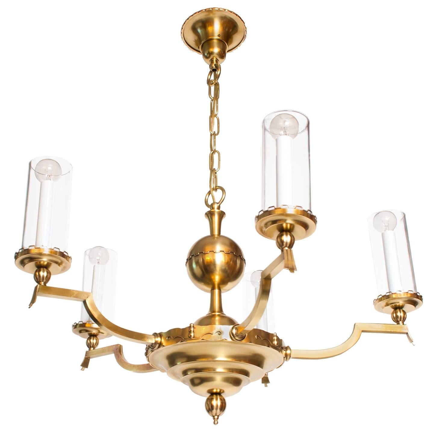 Scandinavian Modern Five-Arm Brass Chandelier with Cylindrical Glass Shades For Sale