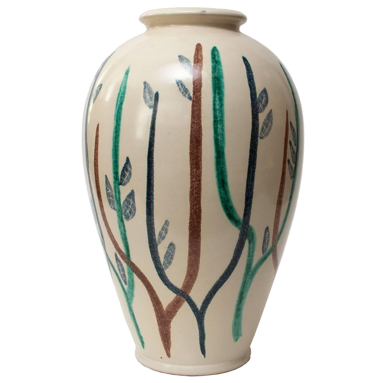 Large Scandinavian Modern Studio Vase with Hand-Painted Design by Mette Doller