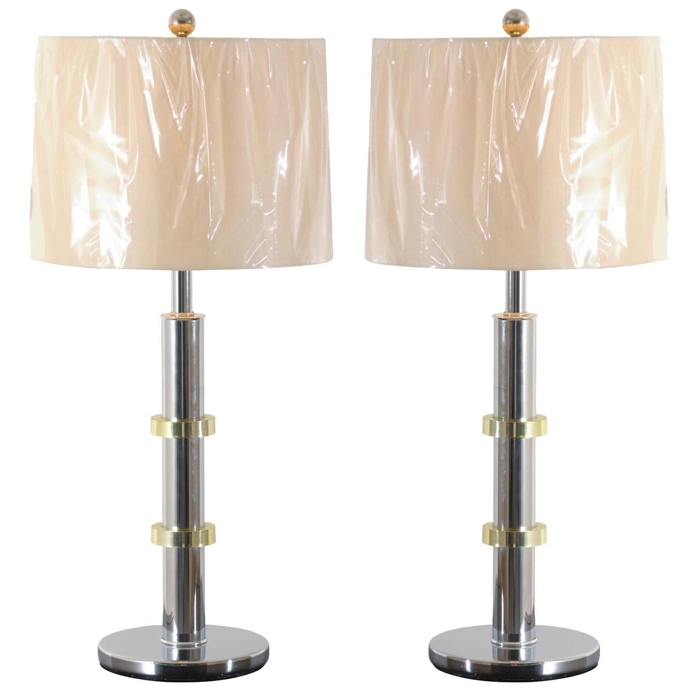 Pair of Vintage Jansen Style Lamps in Chrome and Brass