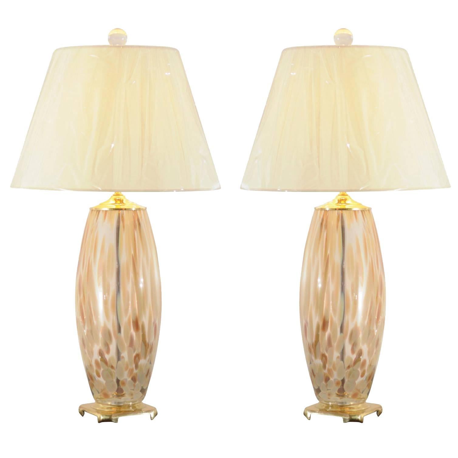 Stunning Pair of Blown Murano Lamps with Brass and Lucite Accents