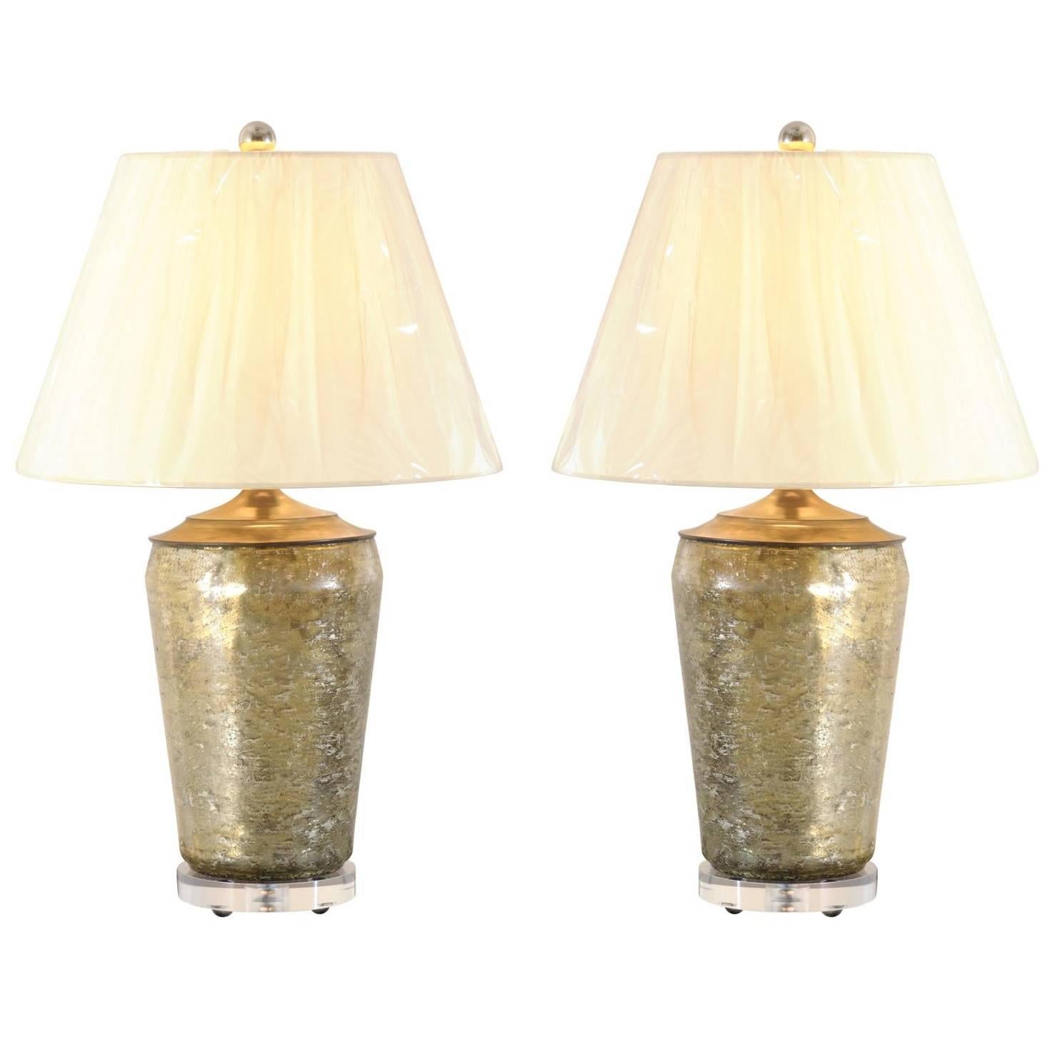 Vintage Pair of Mercury Glass Lamps with Lucite and Nickel Accents